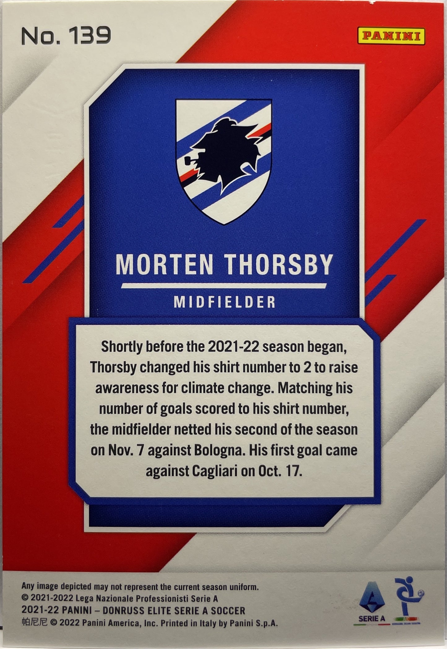 Morten Thorsby 8/10 Gold Fireworks Donruss Elite Serie A 2021/22