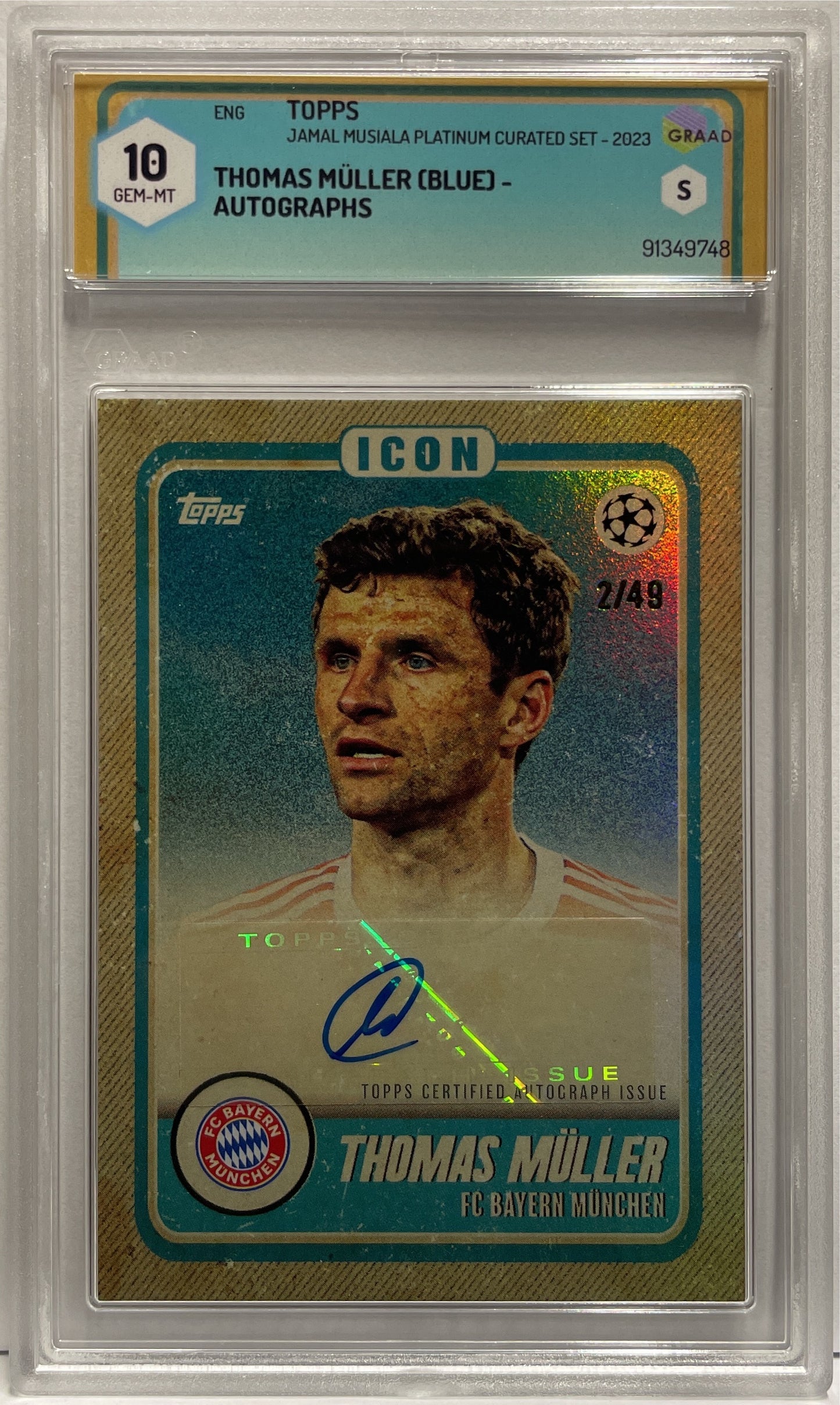 Thomas Muller 2/49 Autograph Blue Topps Jamal Musiala Platinum Curated Set 2023 GRAAD 10