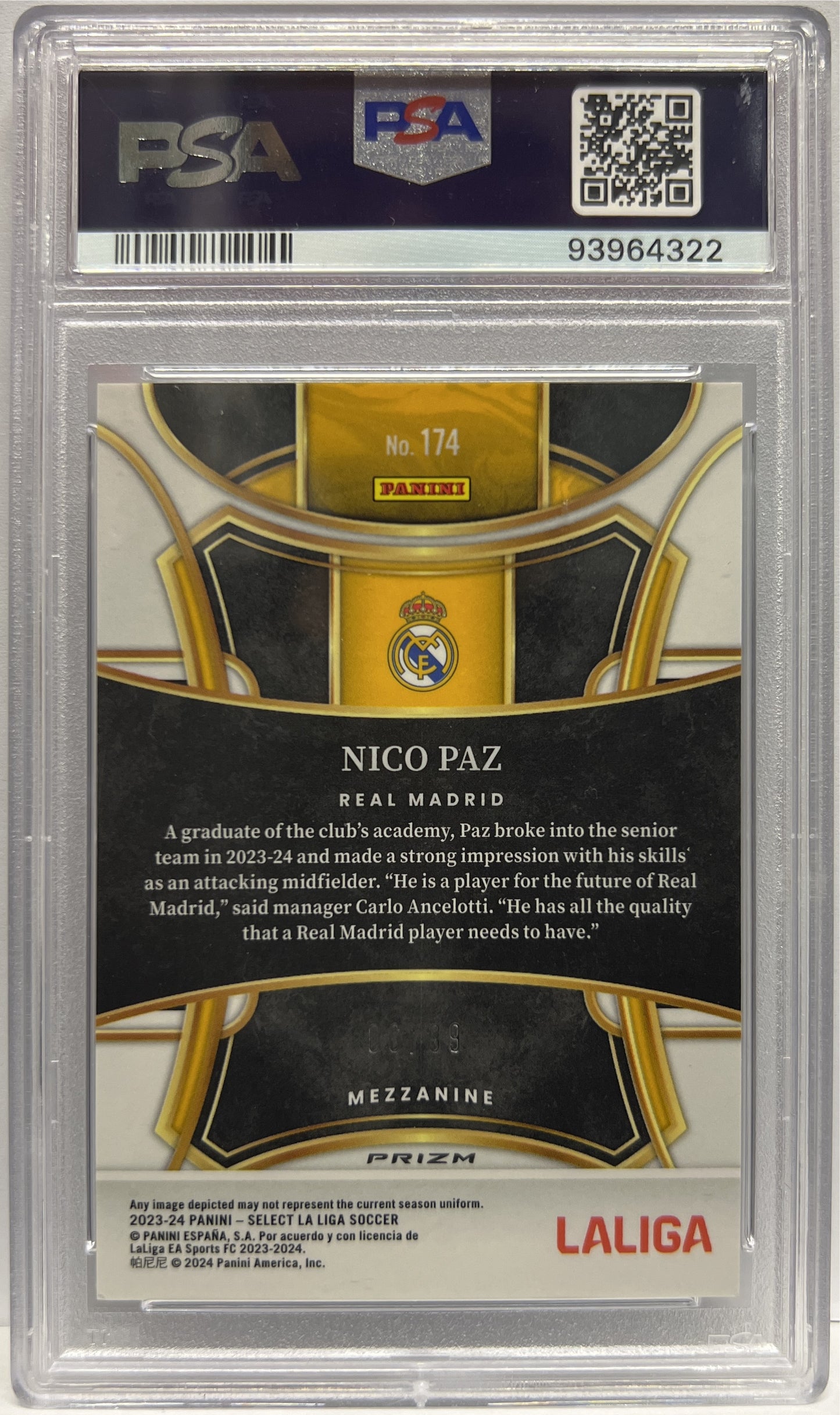 Nico Paz 6/99 Rookie Mezzanine Winter Camo Select La Liga 2023/24 PSA 9
