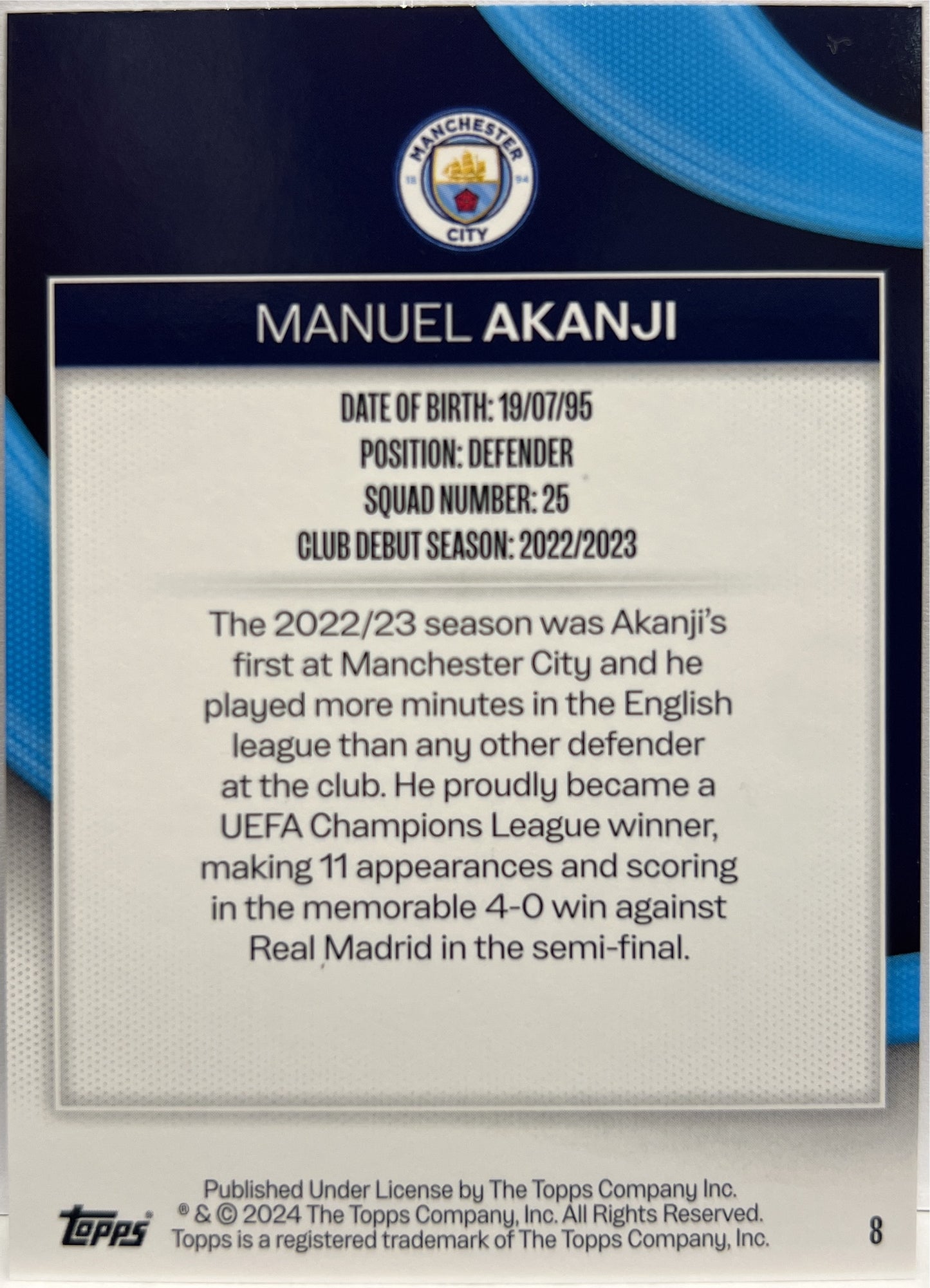 Manuel Akanji 3/99 Pink Manchester City Team Set 2023/24