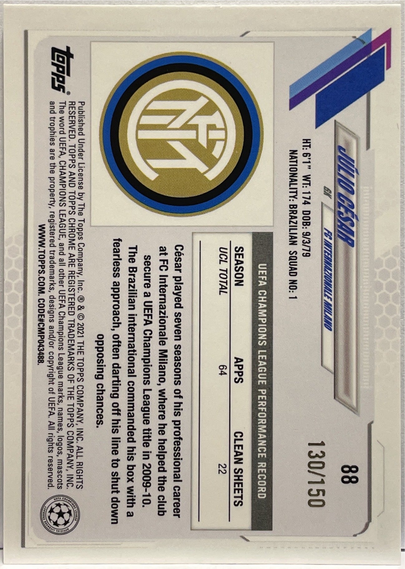 Julio Cesar 130/150 Blue Topps Chrome UCL 2020/21
