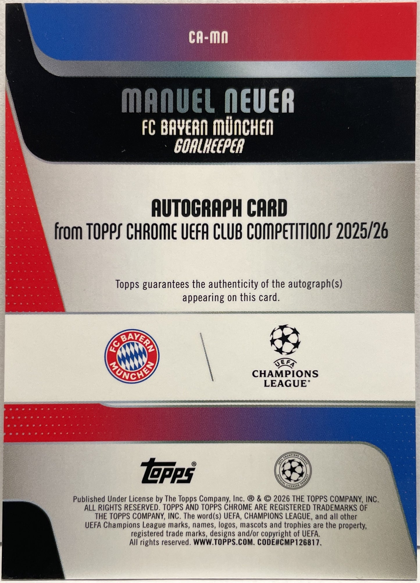 Manuel Neuer 61/75 Autograph Purple Topps Chrome UCC 2025/26