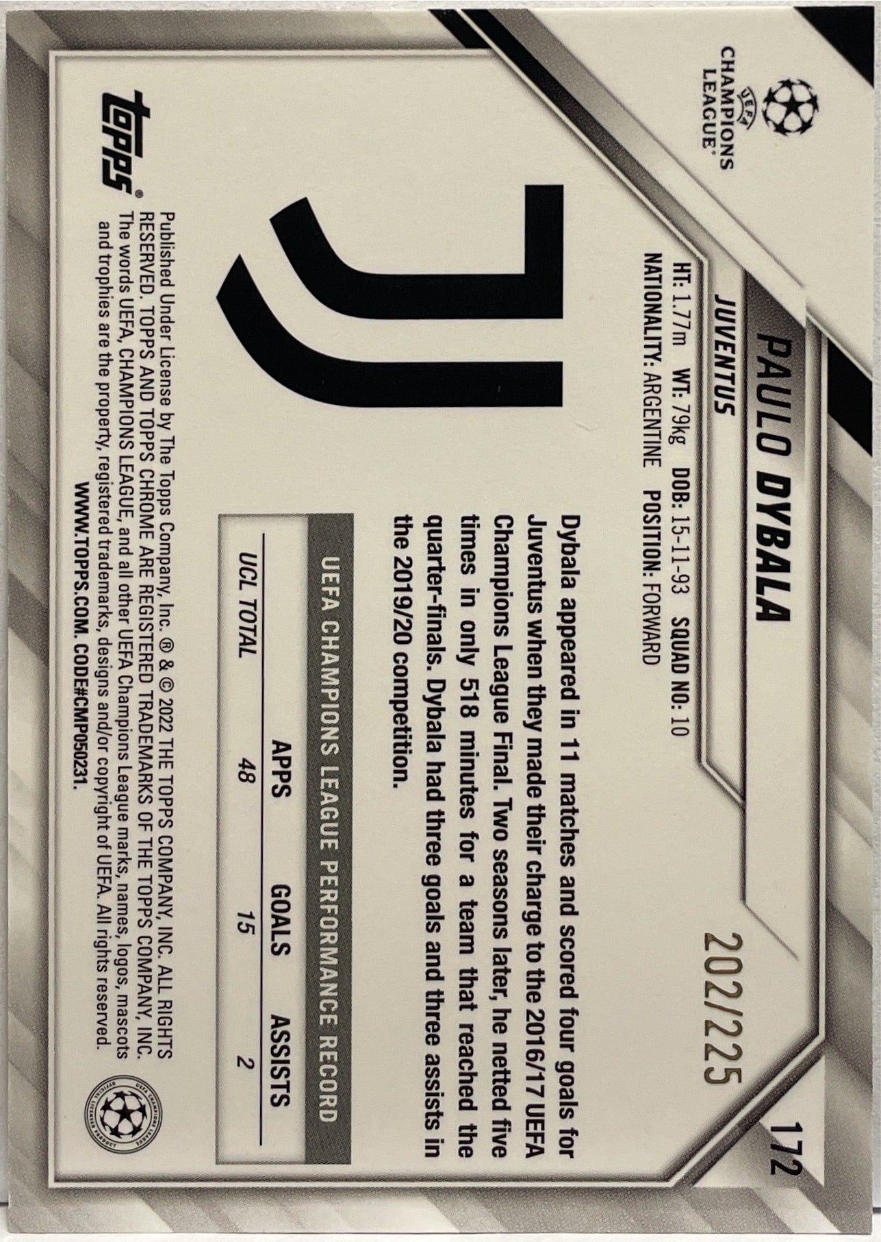Paulo Dybala 202/225 Night Vision Topps Chrome UCL 2021/22