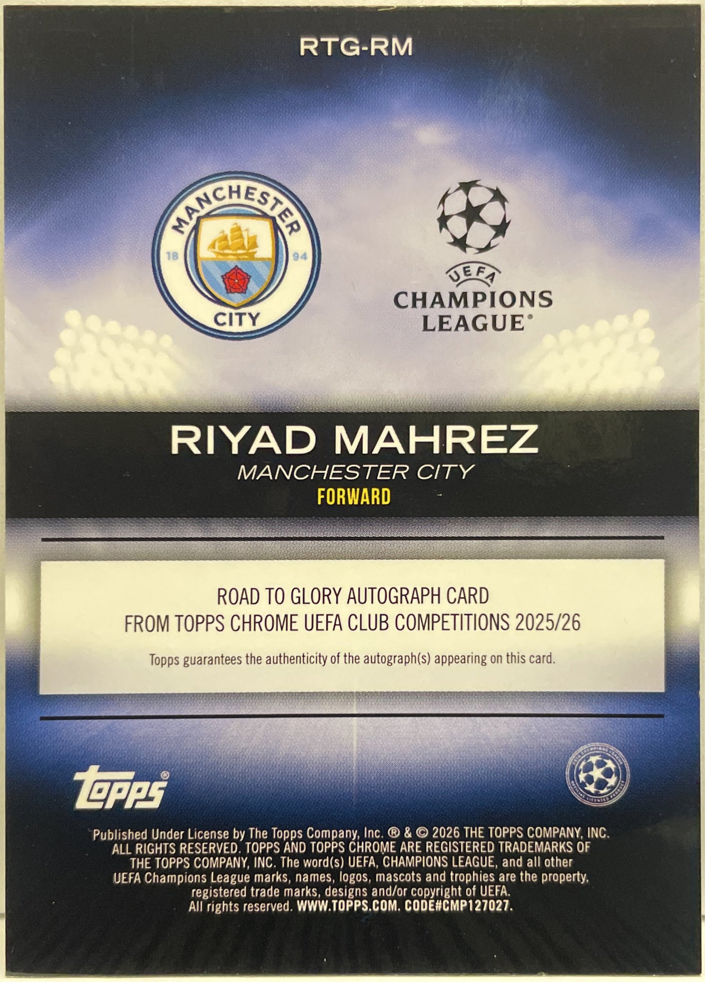 Riyad Mahrez 10/25 Autograph Road To Glory Orange Topps Chrome UCC 2025/26