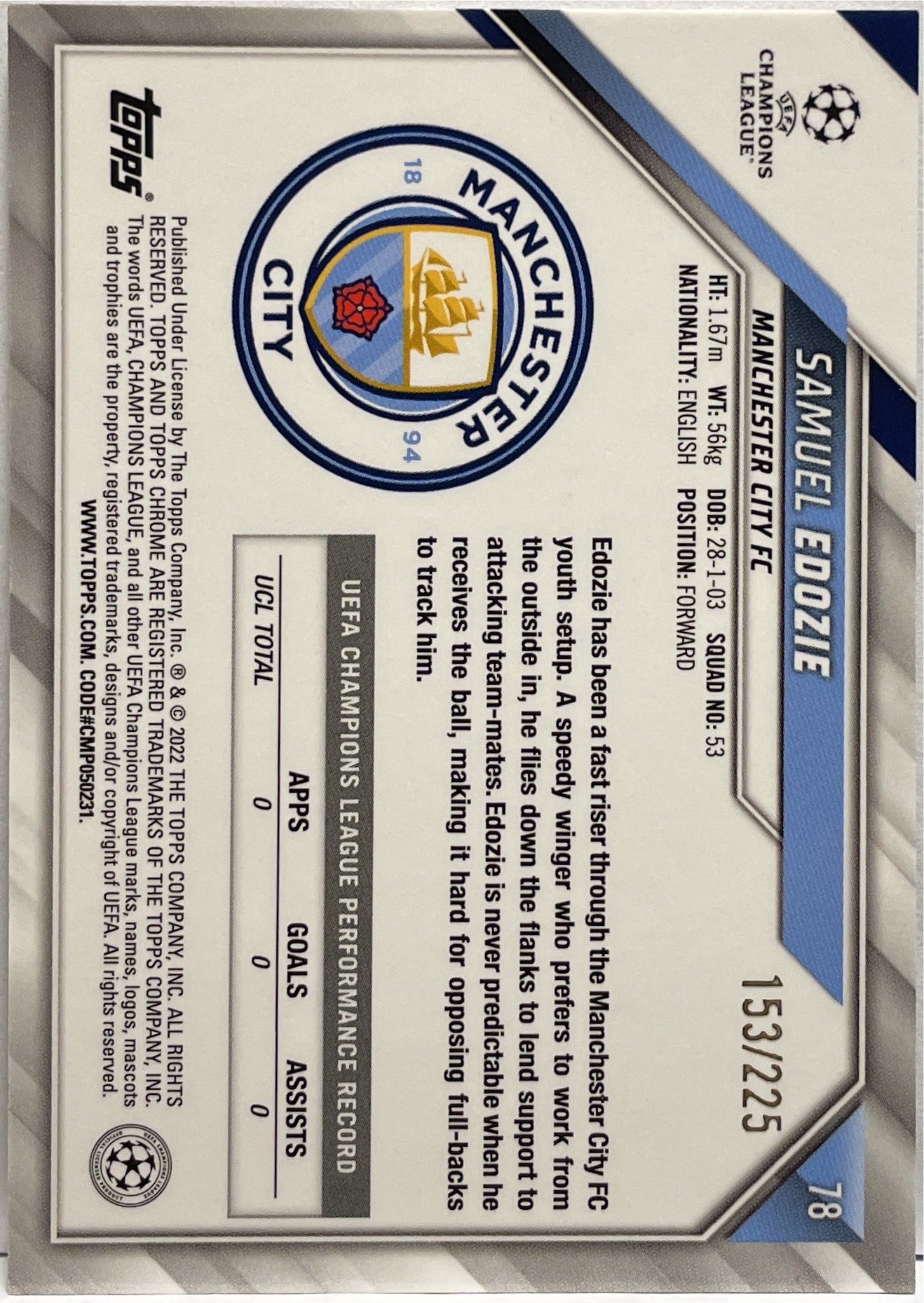 Samuel Edozie 153/225 Rookie Night Vision Topps Chrome UCL 2021/22