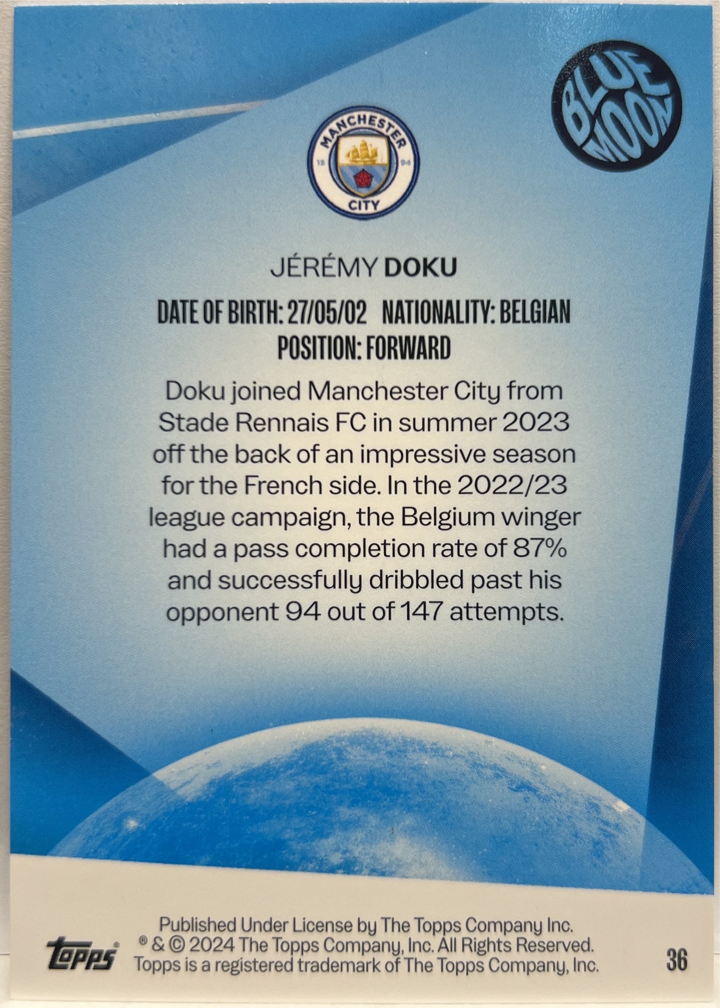 Jeremy Doku 40/180 Blue Moon Manchester City Team Set 2023/24
