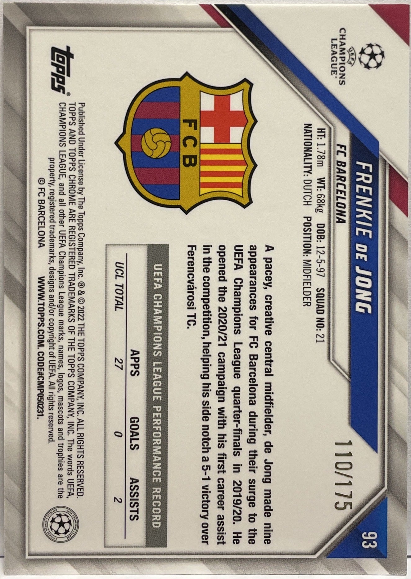 Frenkie De Jong 110/175 Pink Mini Diamond Topps Chrome UCL 2021/22