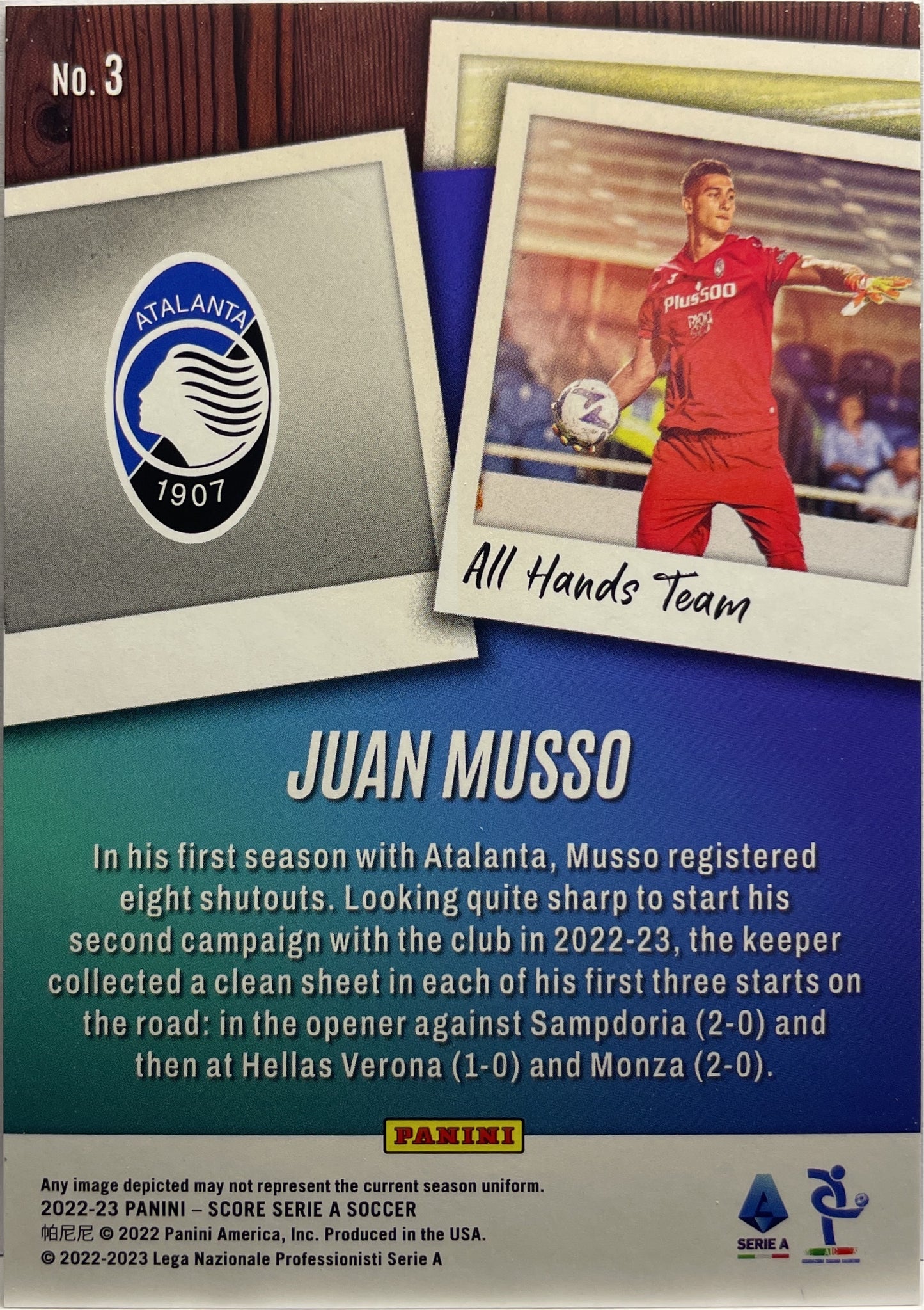 Juan Musso 7/15 All Hands Team Purple Laser Score Serie A 2022/23