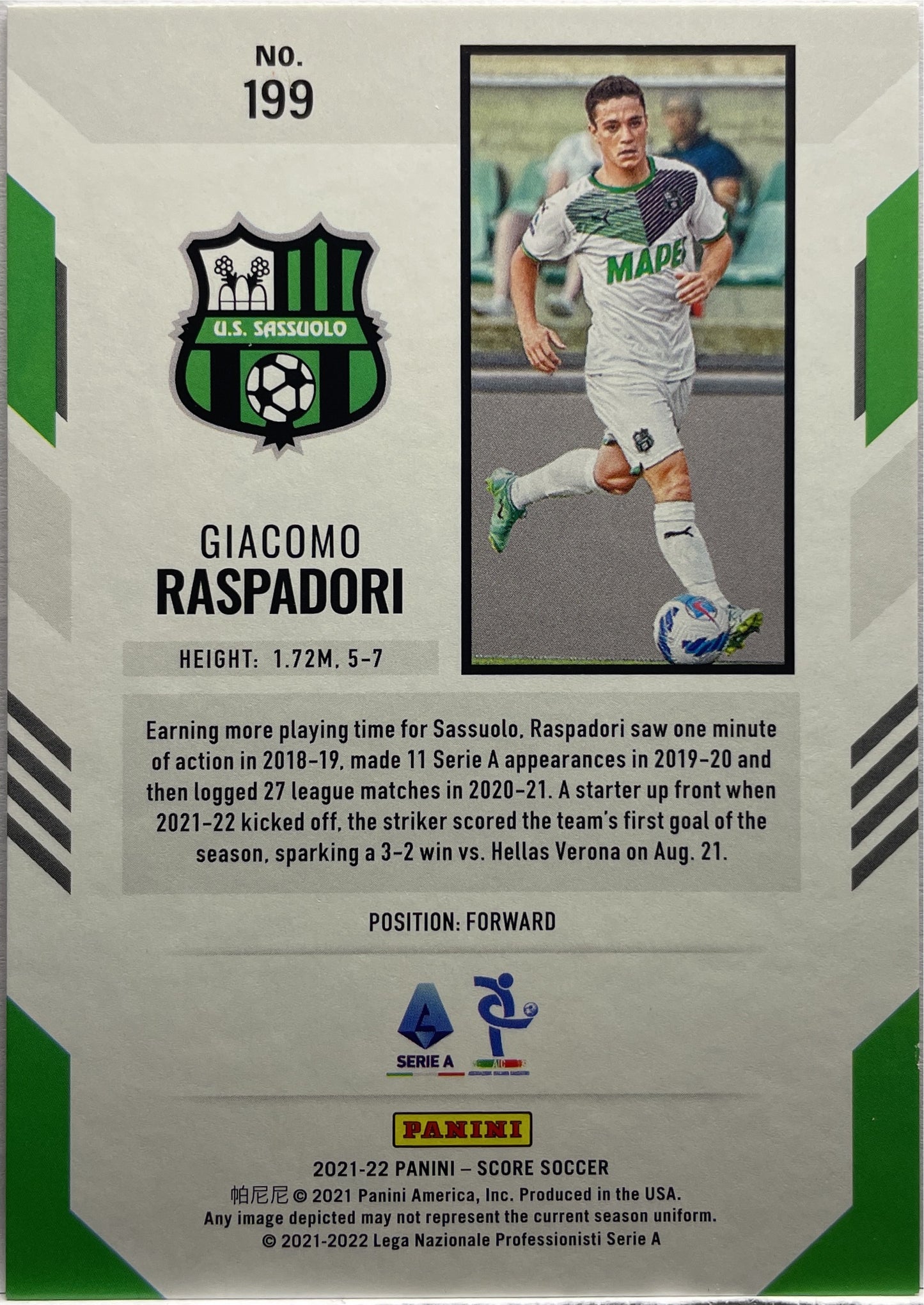 Giacomo Raspadori 85/99 Rookie Orange Score Serie A 2021/22