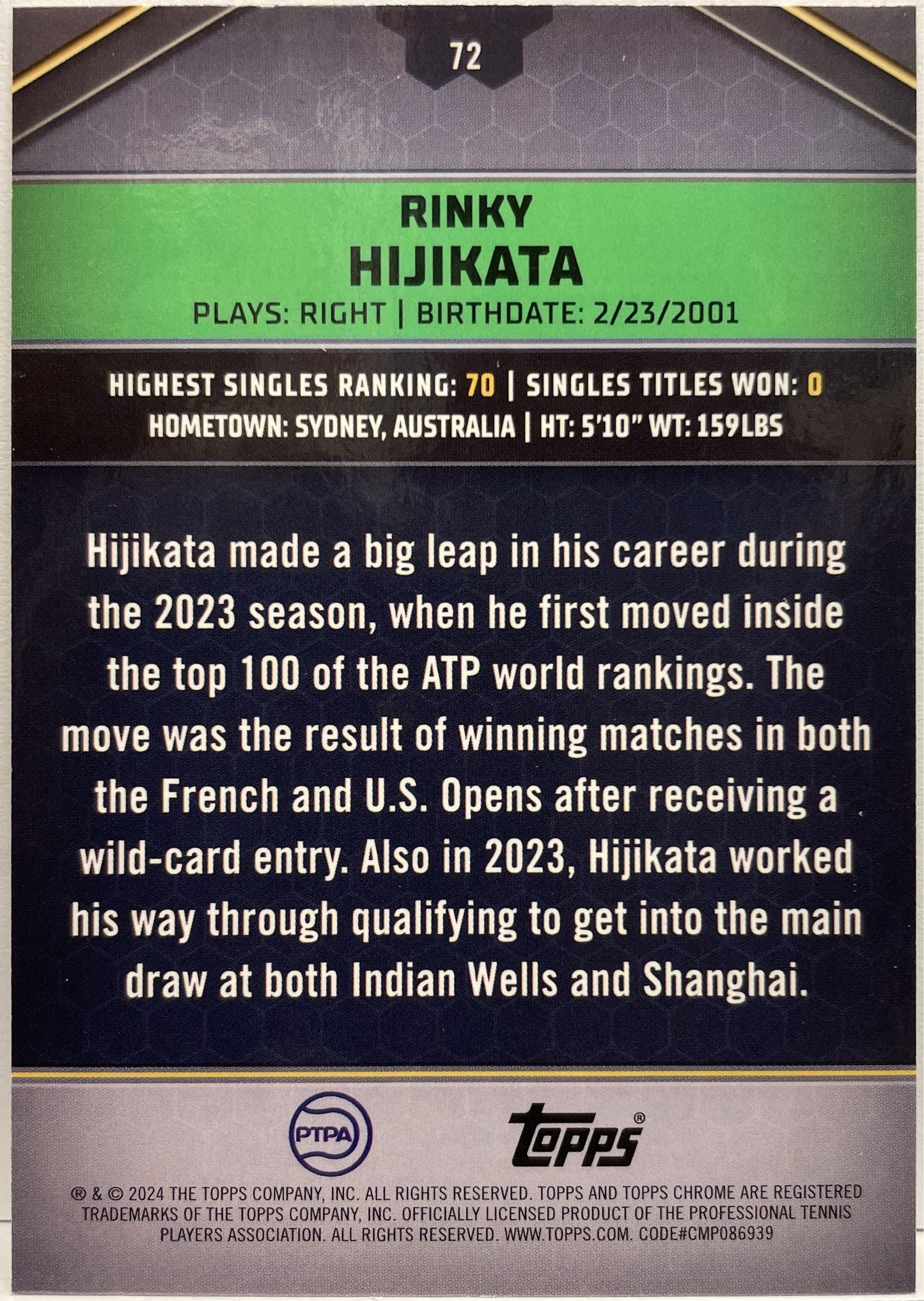 Rinky Hijikata 15/50 Rookie Blue Topps Tennis Graphite 2024