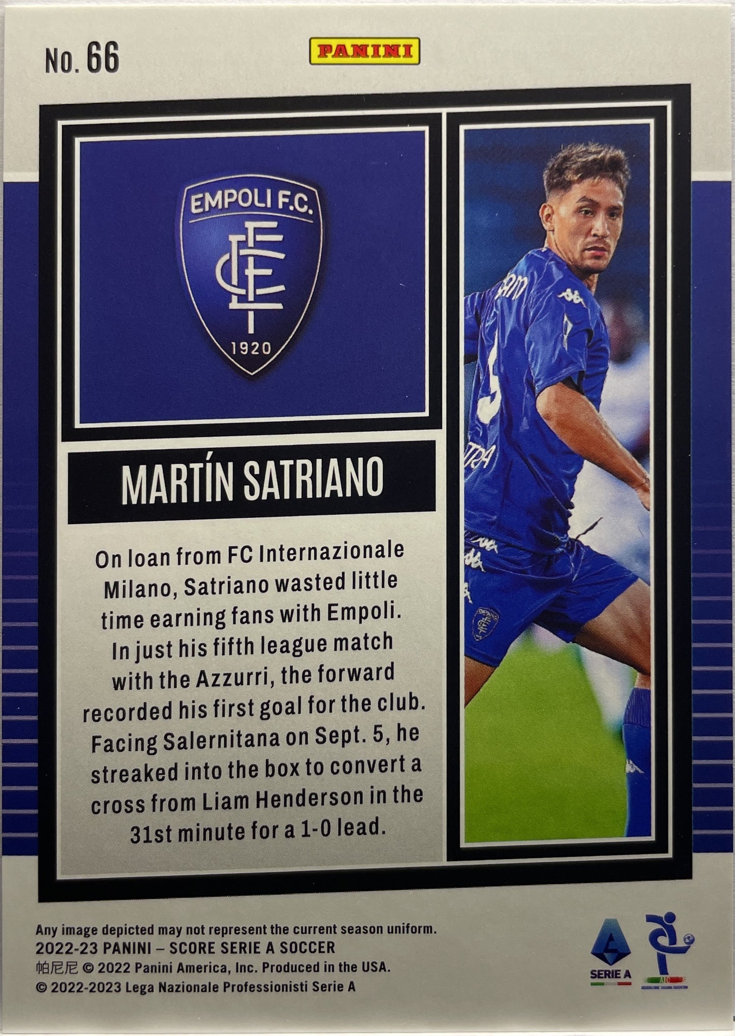 Martin Satriano 36/60 Blue Laser Score Serie A 2022/23