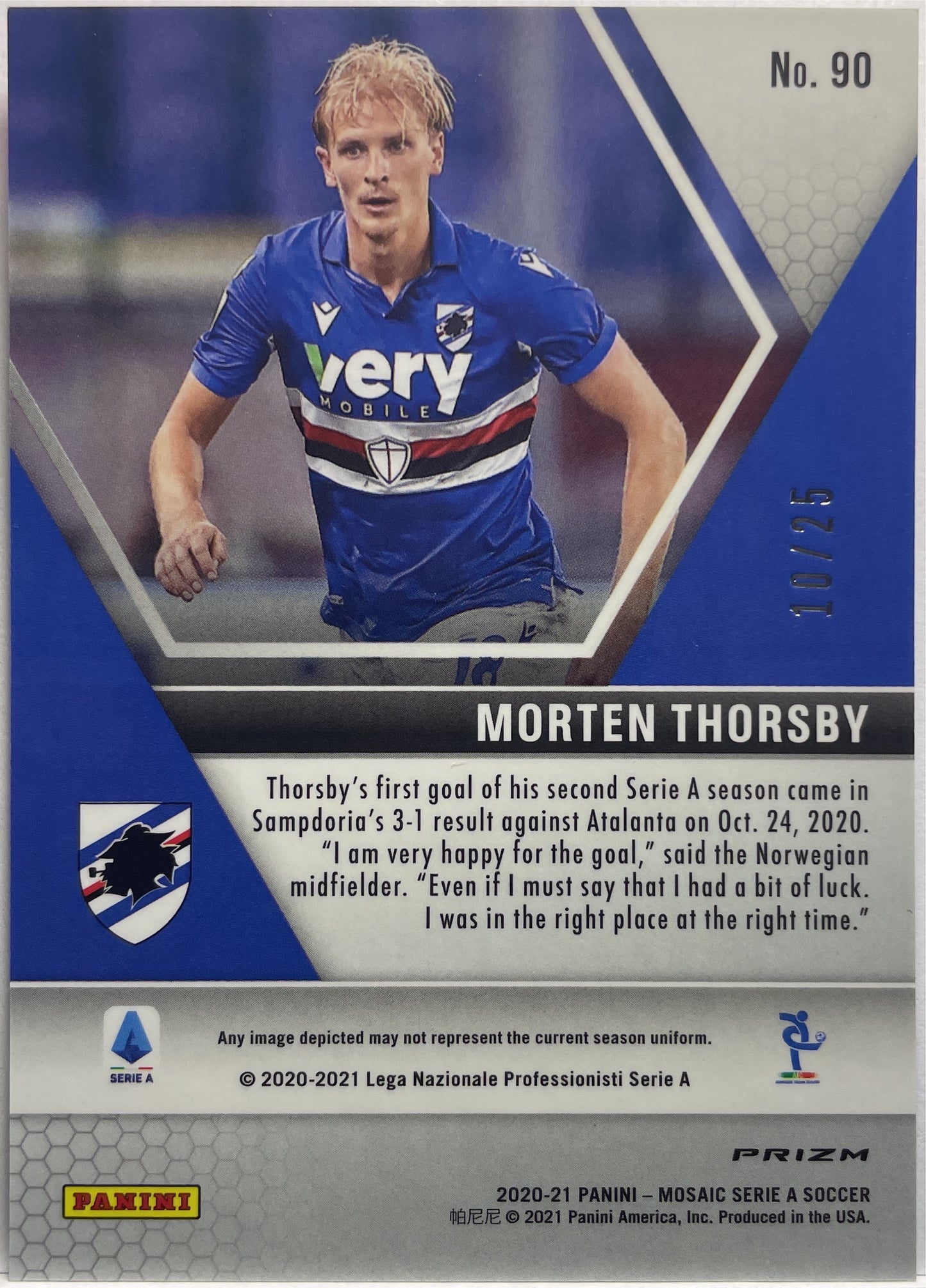 Morten Thorsby 10/25 Rookie Pink Mosaic Serie A 2020/21