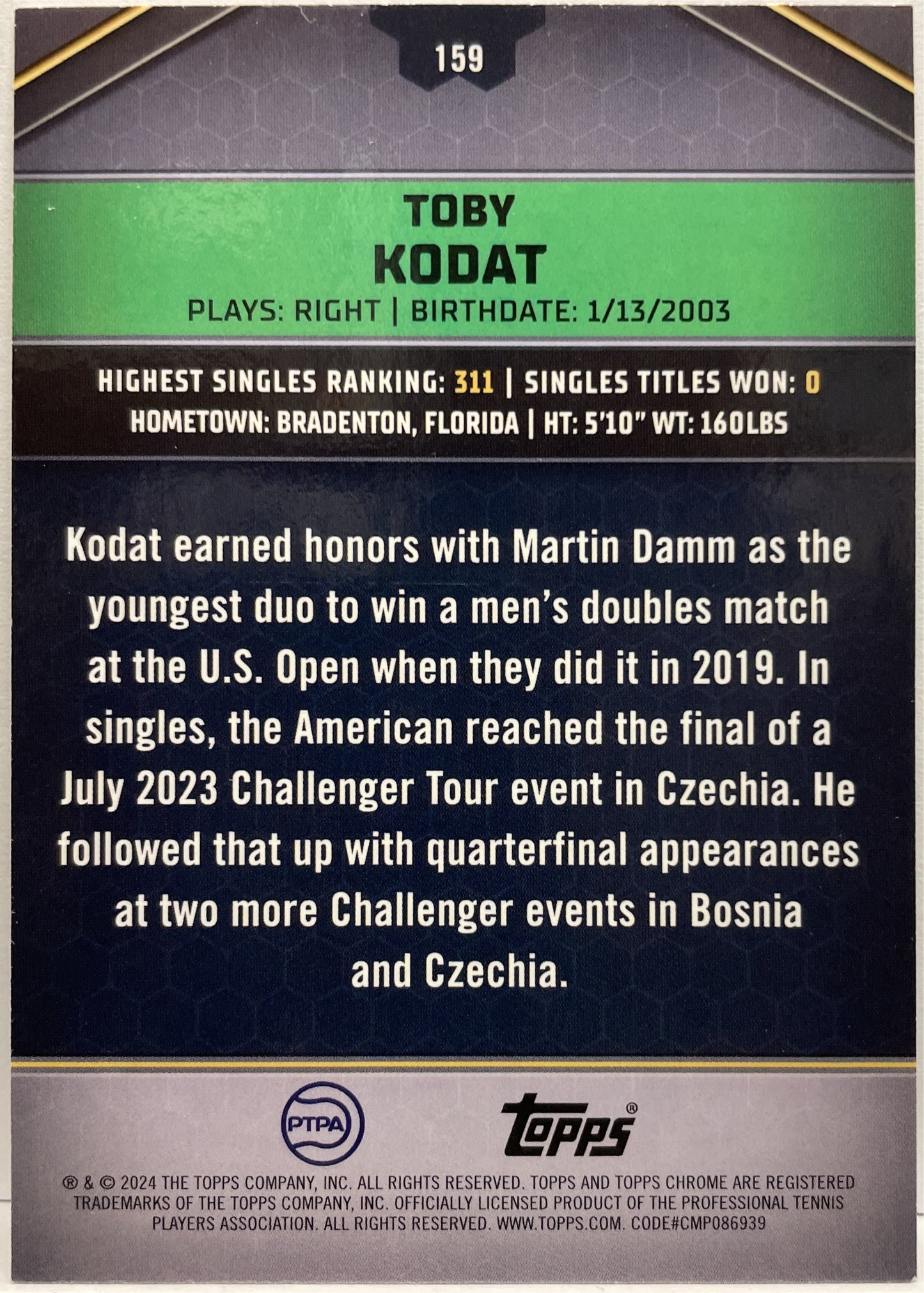 Toby Kodat 143/199 Rookie Aqua Topps Tennis Graphite 2024