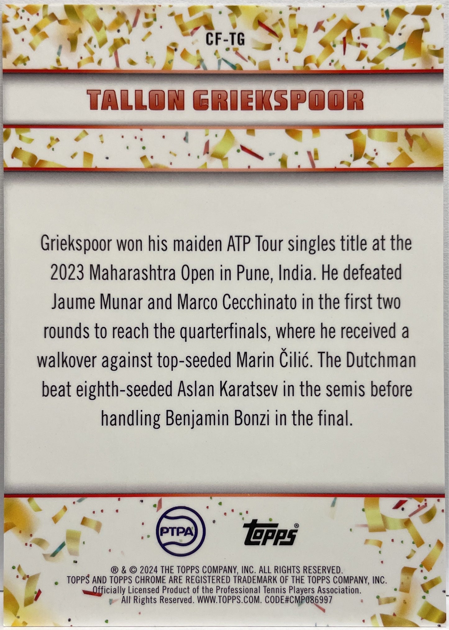 Tallon Griekspoor Confetti Topps Tennis Graphite 2024