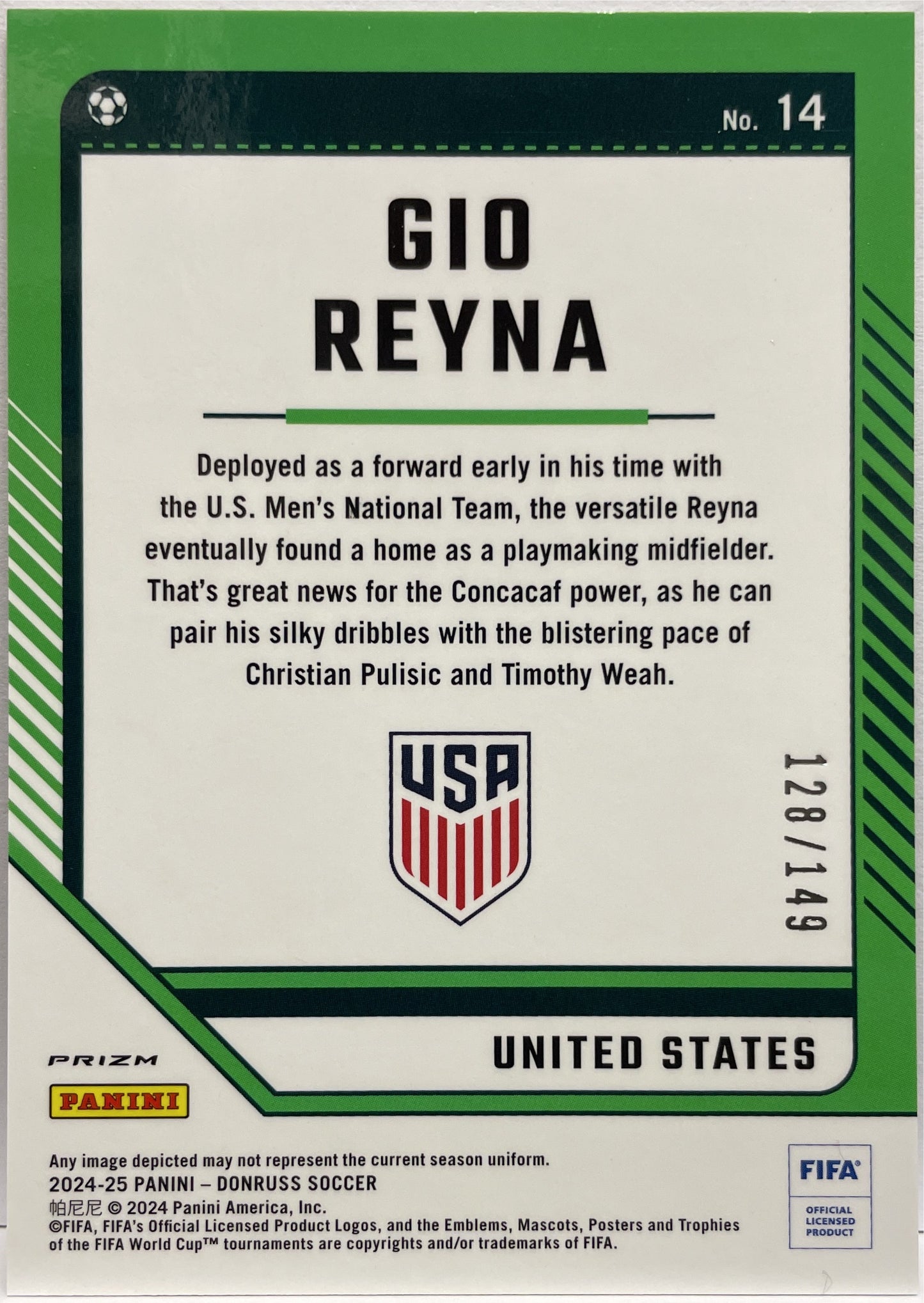 Gio Reyna 128/149 Optic Blue Donruss Fifa 2024/25