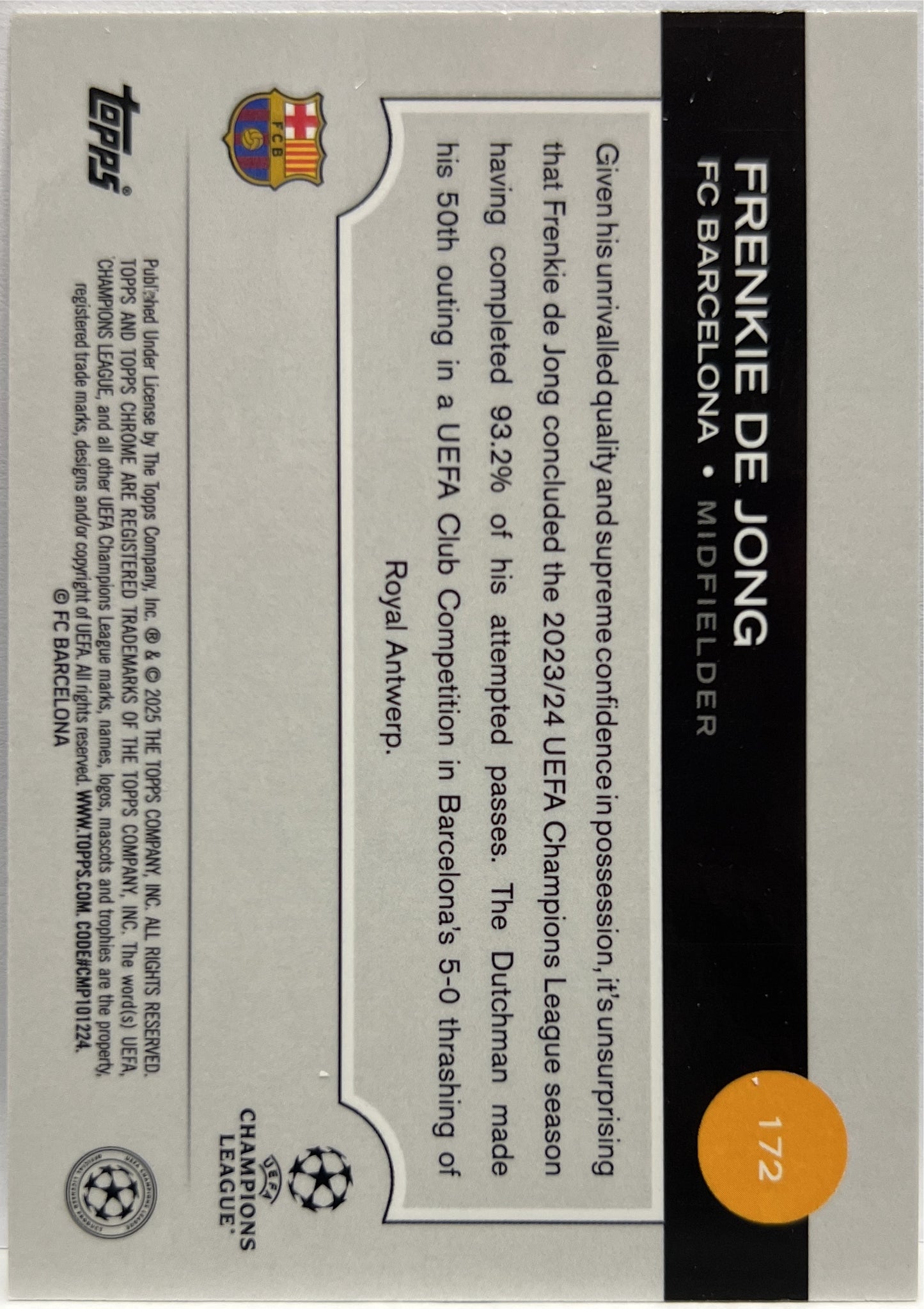 Frenkie De Jong 55/150 Blue Topps Chrome UCC 2024/25