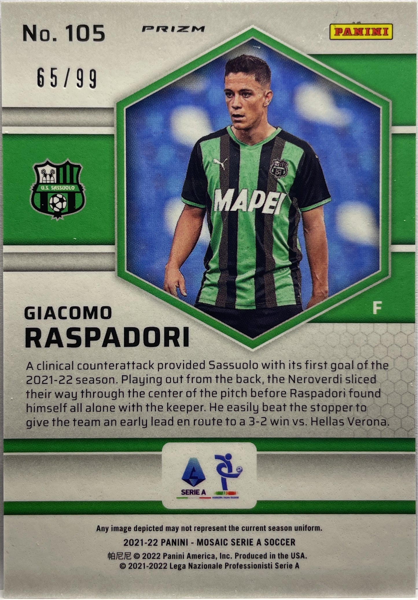 Giacomo Raspadori 65/99 Rookie Blue Mosaic Serie A 2021/22