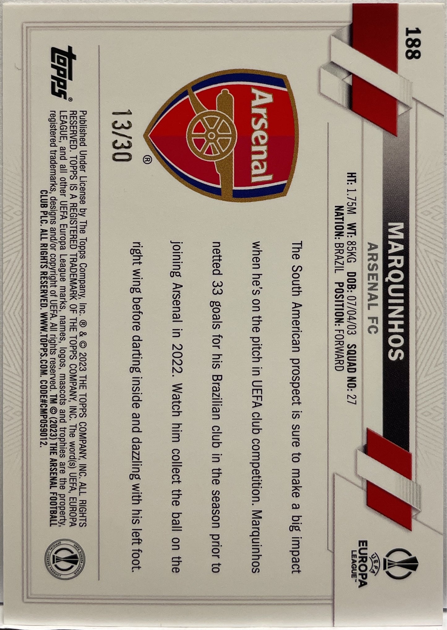 Marquinhos 13/30 Rookie Purple Topps UCC 1ST Edition 2022/23