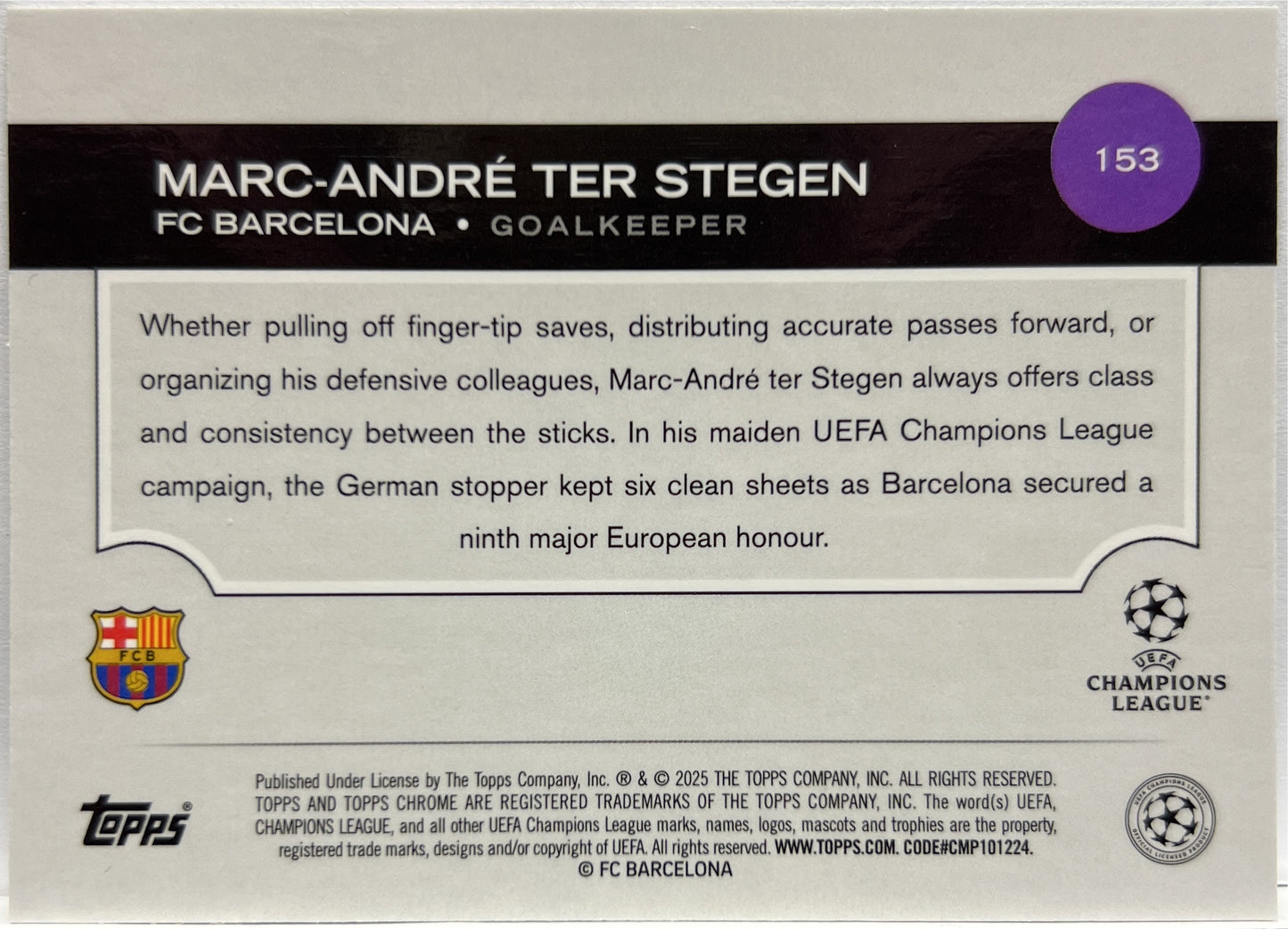 Marc Andre Ter Stegen 40/199 Aqua Topps Chrome UCC 2024/25