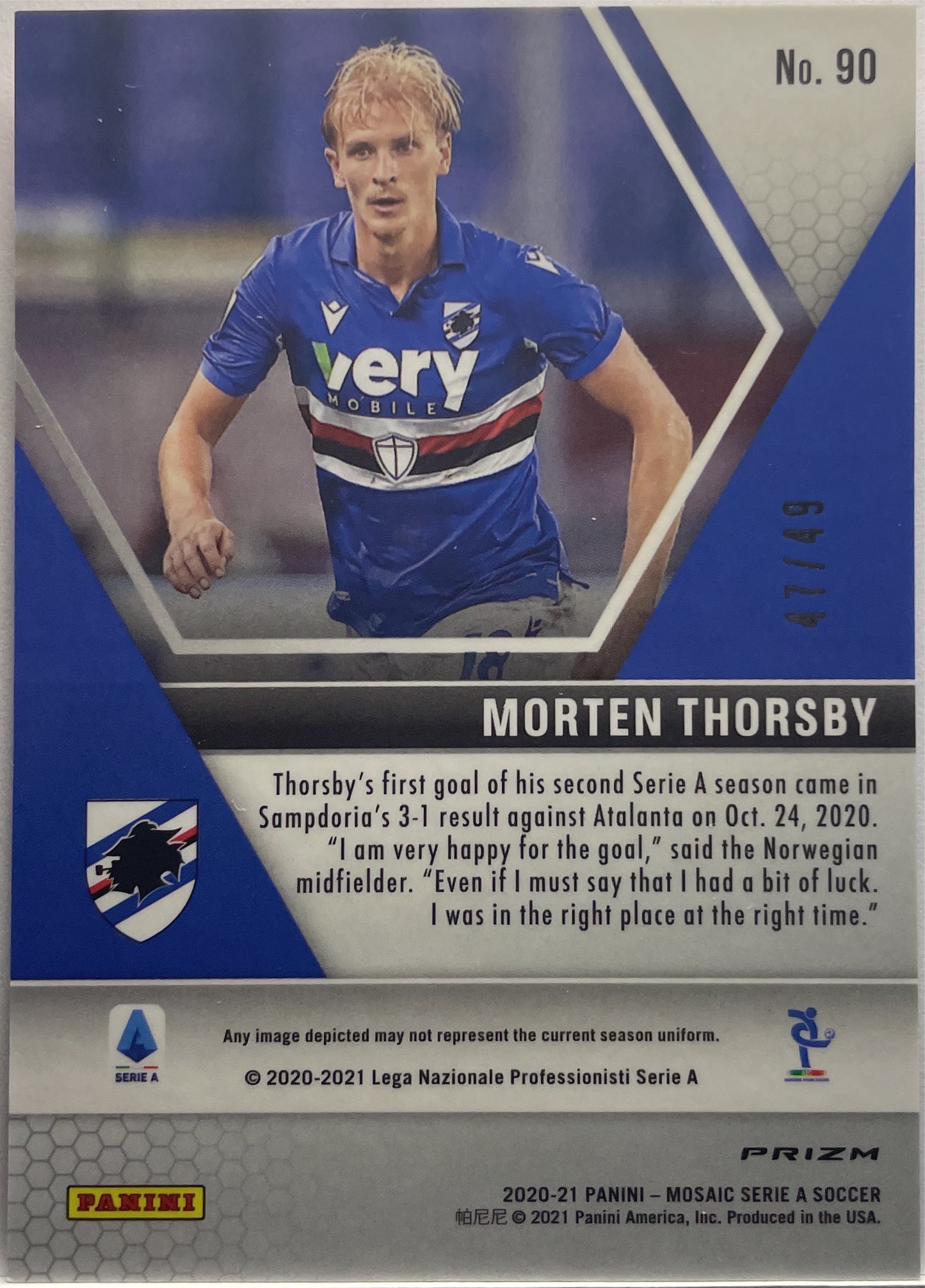 Morten Thorsby 47/49 Rookie Purple Mosaic Serie A 2020/21