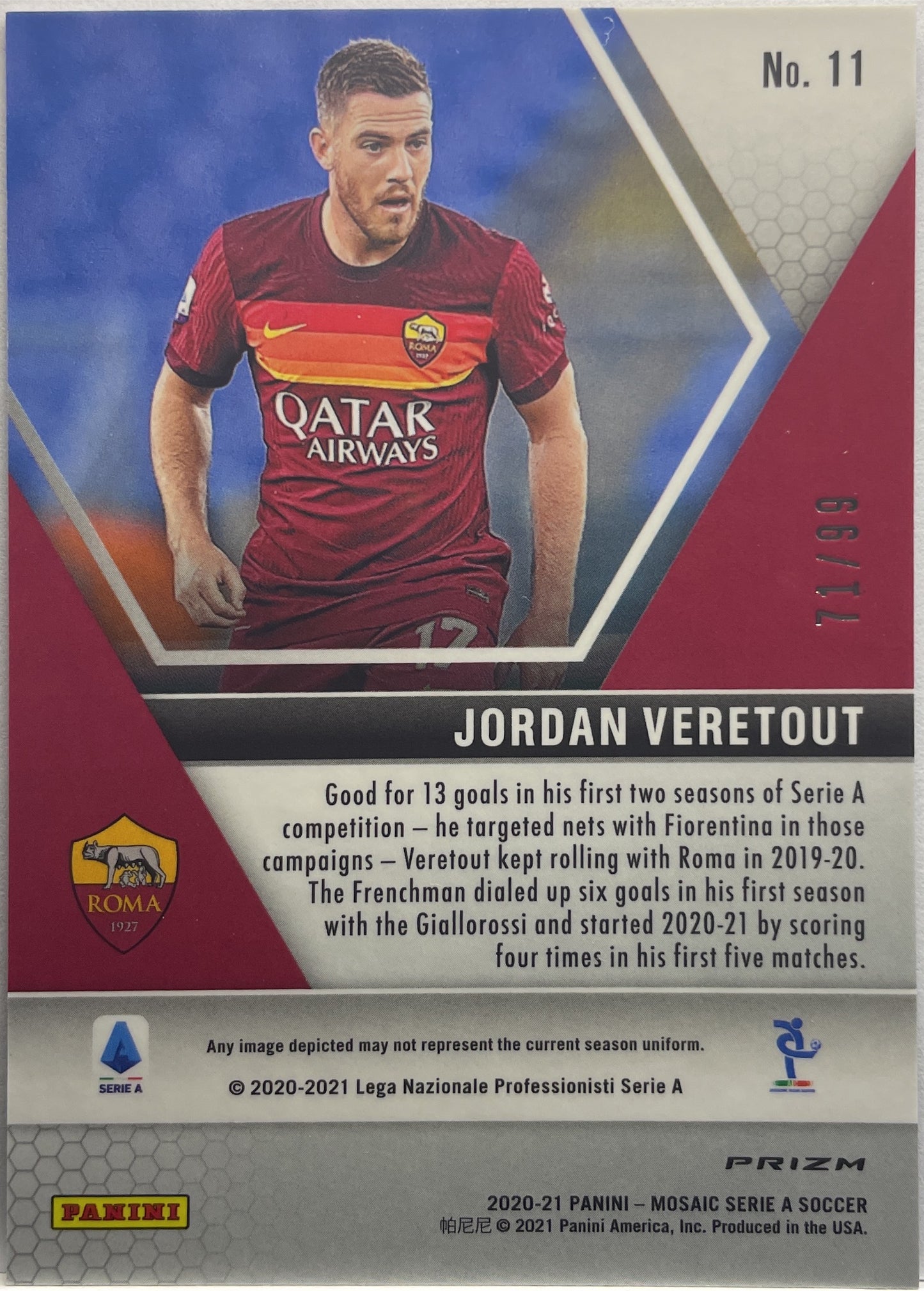 Jordan Veretout 71/99 Rookie Blue Mosaic Serie A 2020/21