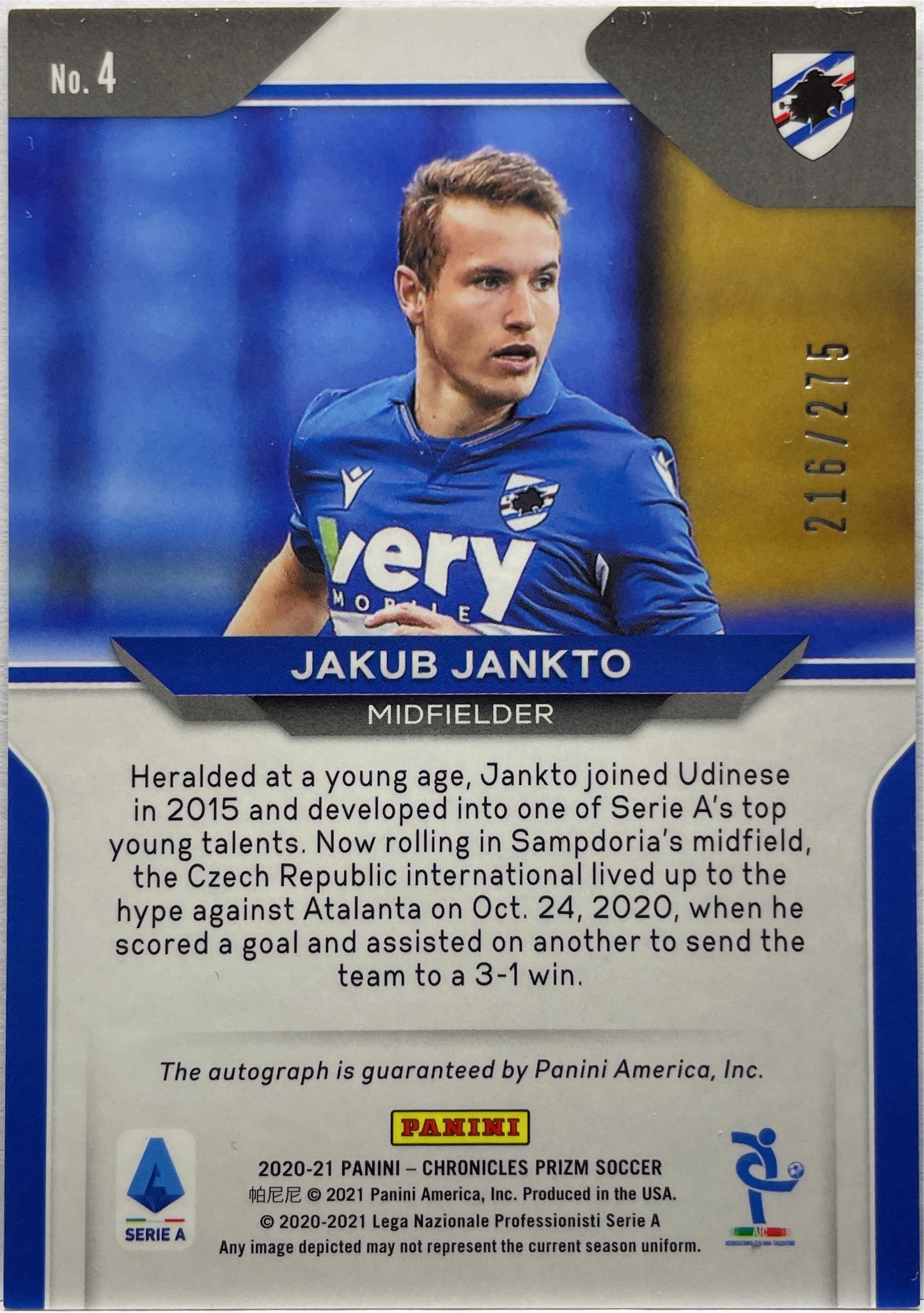 Jakub Jankto 216/275 Autograph Prizm Chronicles 2020/21