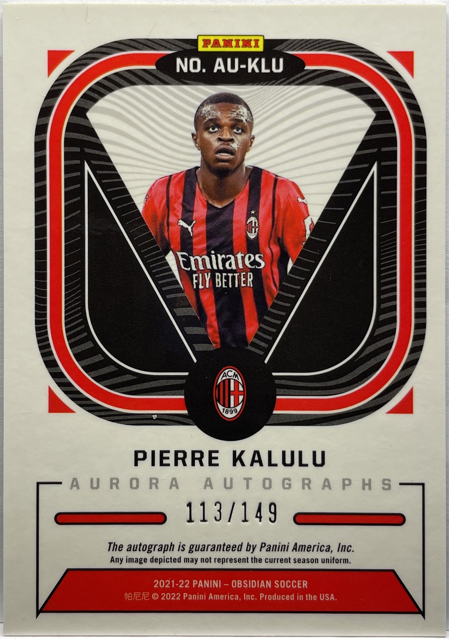 Pierre Kalulu 113/149 Rookie Autograph Aurora Obsidian 2021/22