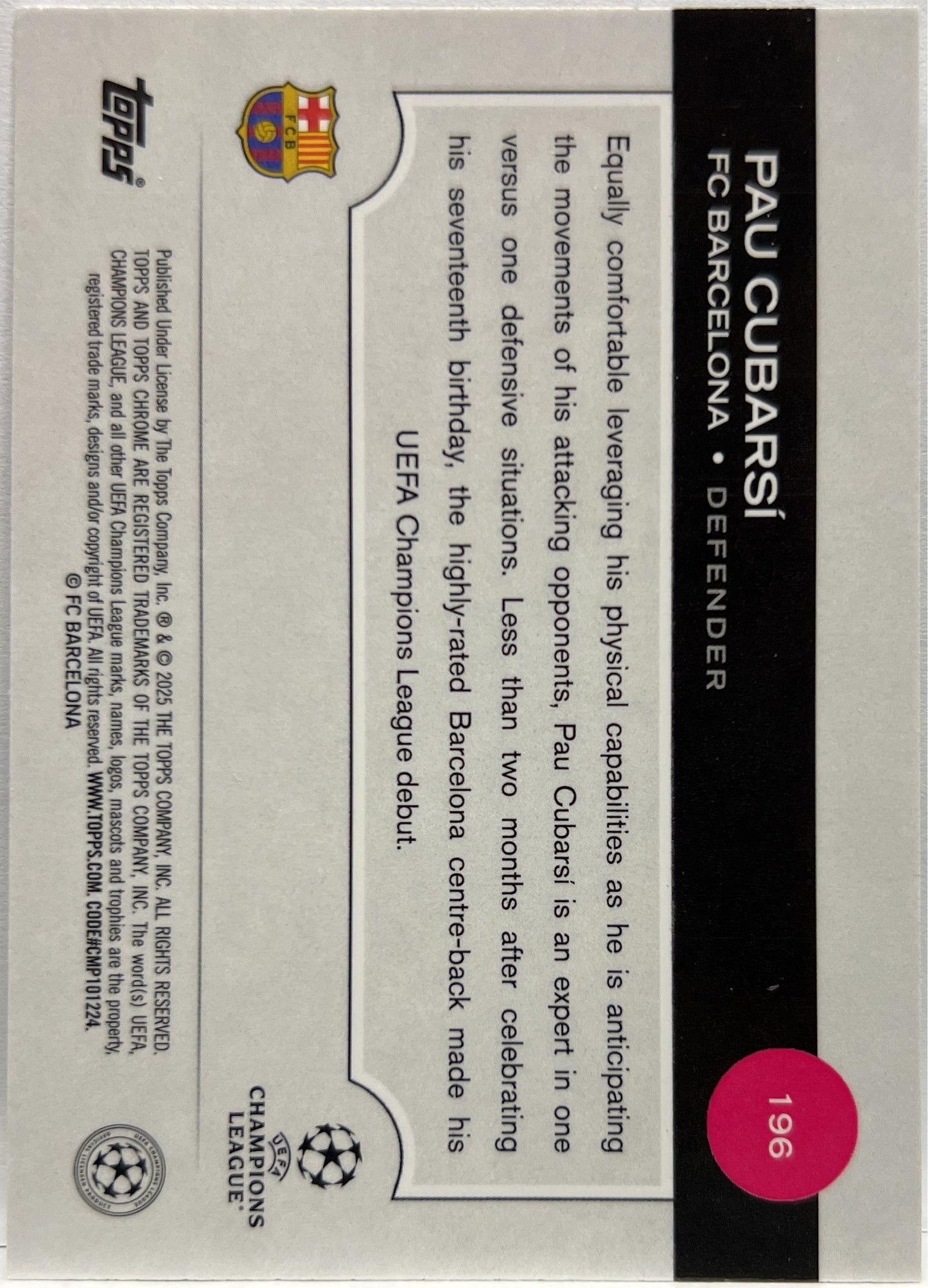 Pau Cubarsi 30/225 Future Stars All Star Rookie Night Vision RayWave Topps Chrome UCC 2024/25