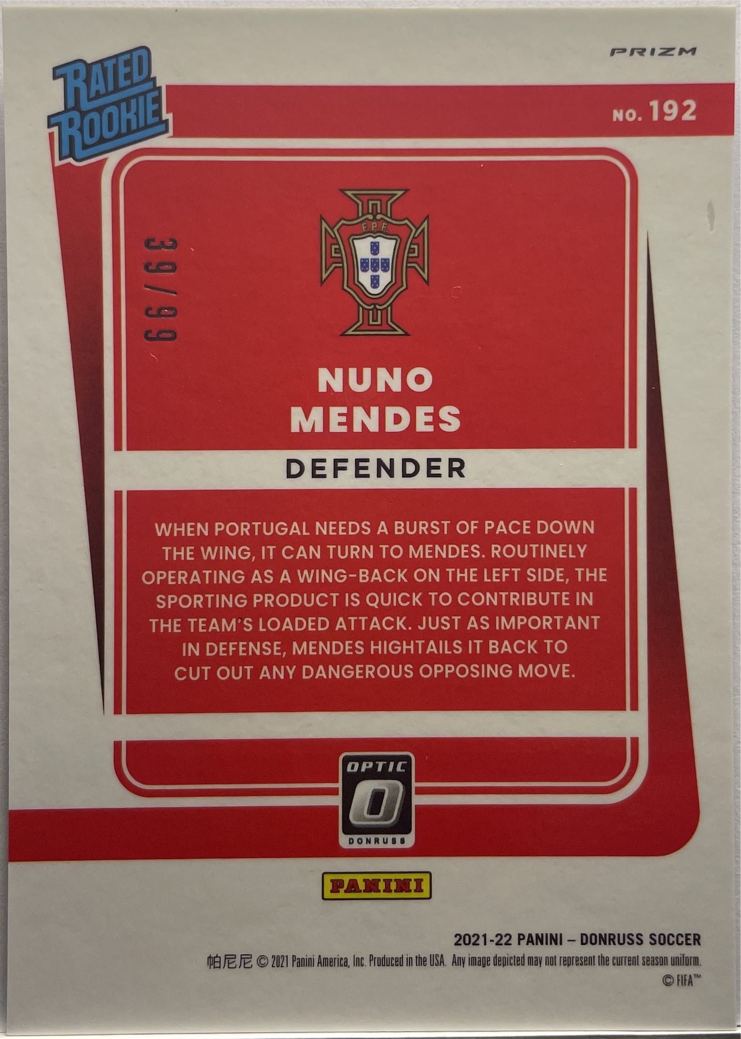 Nuno Mendes 39/99 Rated Rookie Optic Blue Donruss 2021/22