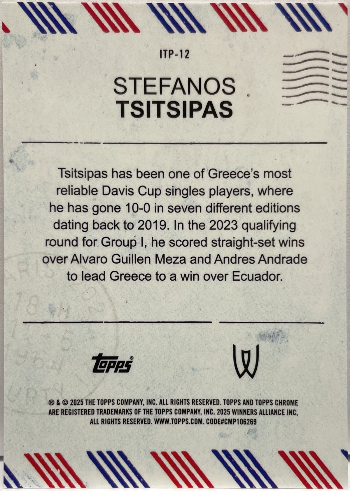 Stefanos Tsitsipas International Postage SP Topps Chrome Tennis 2025