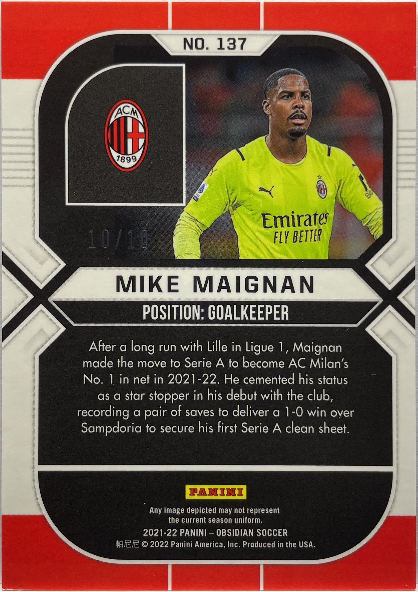 Mike Maignan 10/10 Rookie Red Flood Obsidian 2021/22