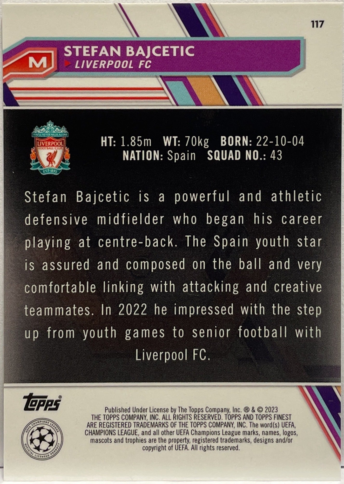 Stefan Bajcetic 31/50 Rookie Gold Topps Finest UCC 2022/23