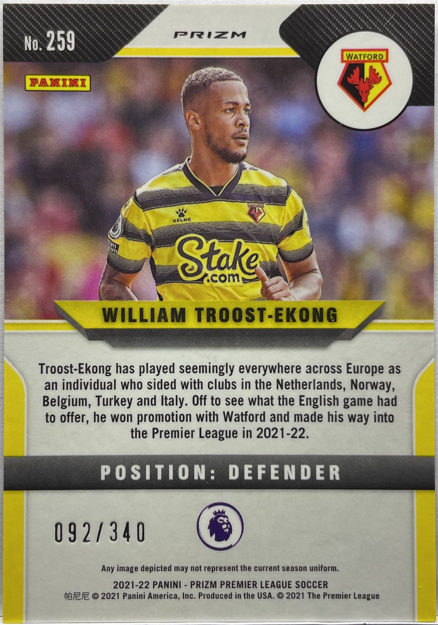 William Troost-Ekong 92/340 Rookie Blue Prizm Premier League 2021/22