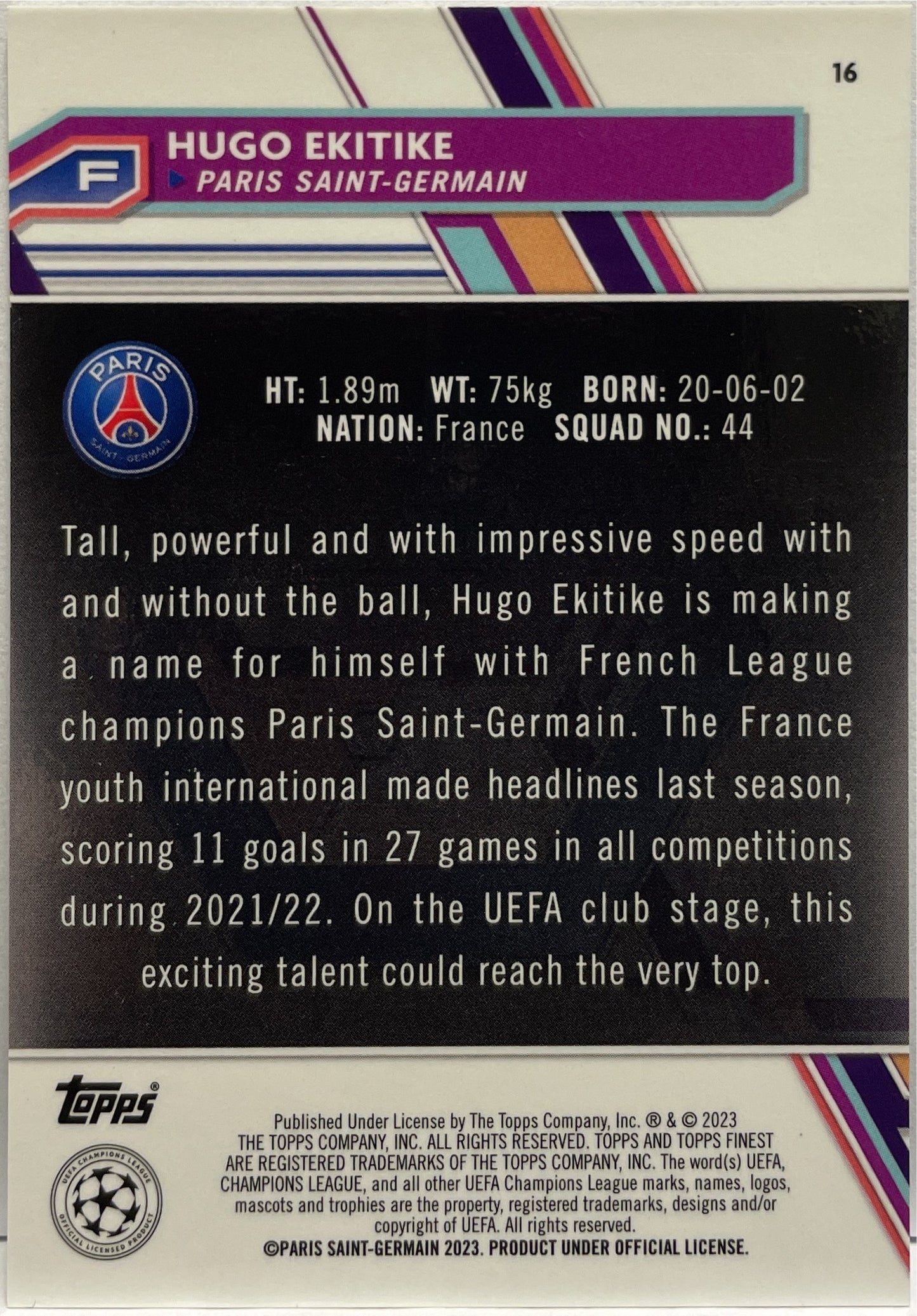 Hugo Ekitike 61/99 Rookie Green Topps Finest UCC 2022/23