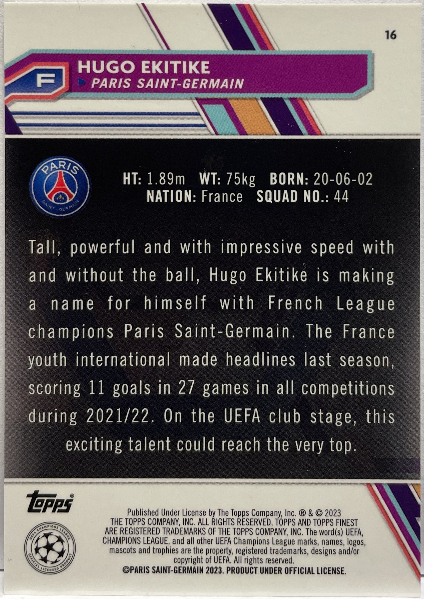 Hugo Ekitike 158/299 Rookie Purple Topps Finest UCC 2022/23