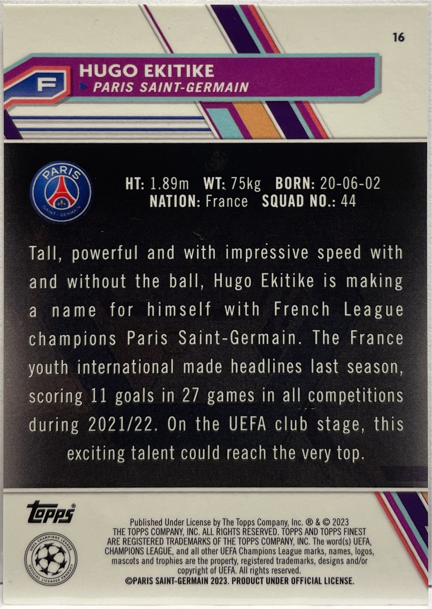 Hugo Ekitike 67/250 Rookie Blue Topps Finest UCC 2022/23