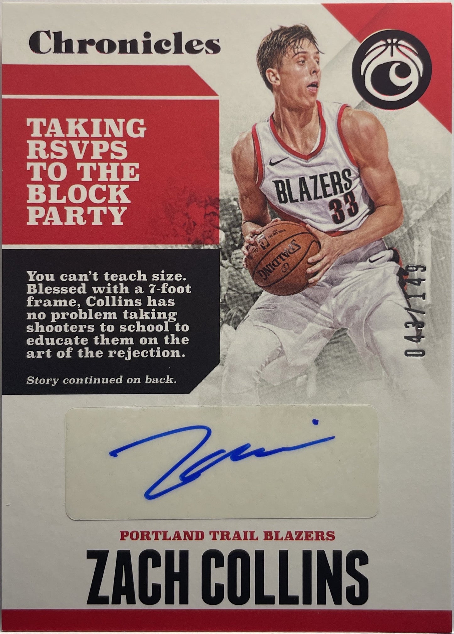 Zach Collins 43/149 Autograph Chronicles Basketball 2017/18