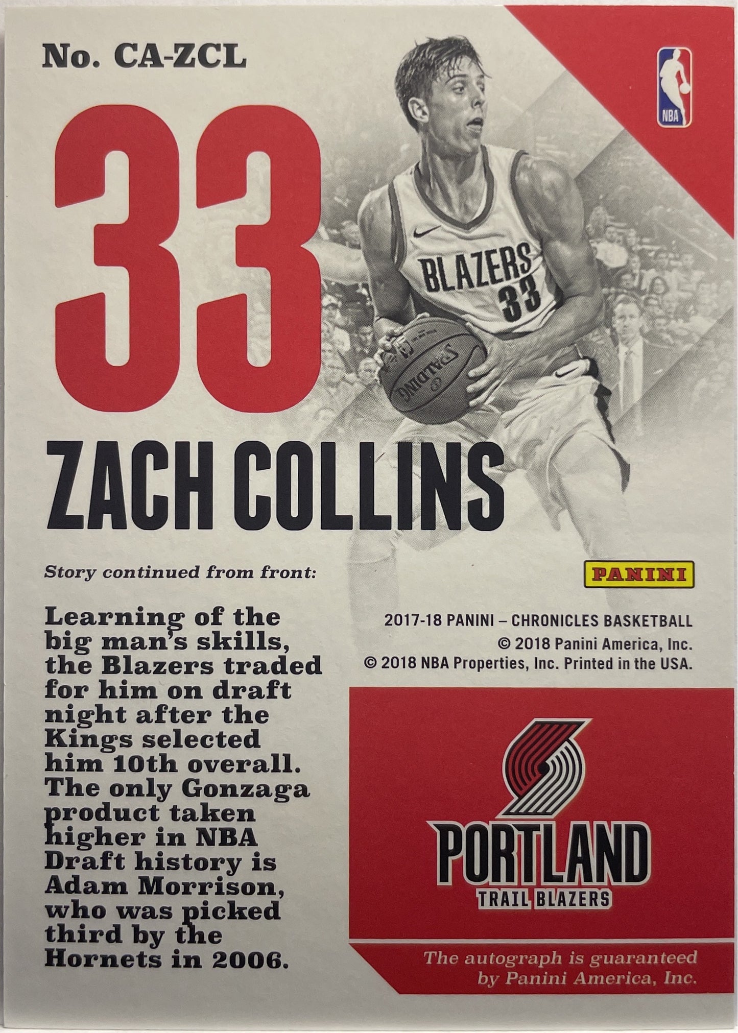 Zach Collins 43/149 Autograph Chronicles Basketball 2017/18