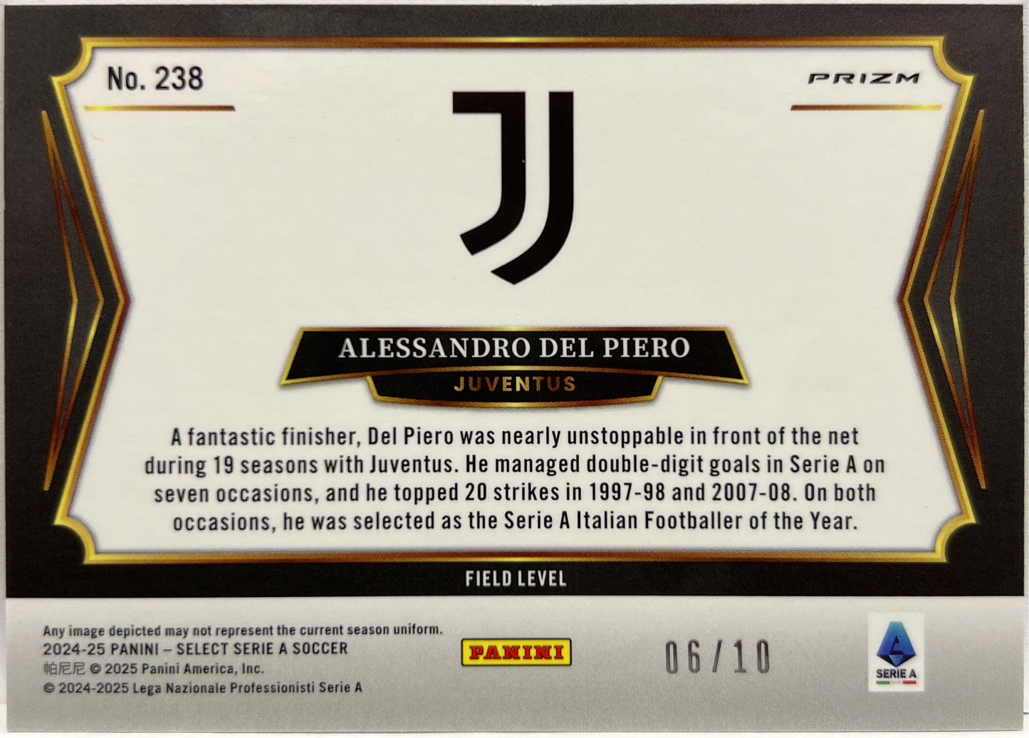 Alessandro Del Piero 6/10 Field Level Gold Select Serie A 2024/25