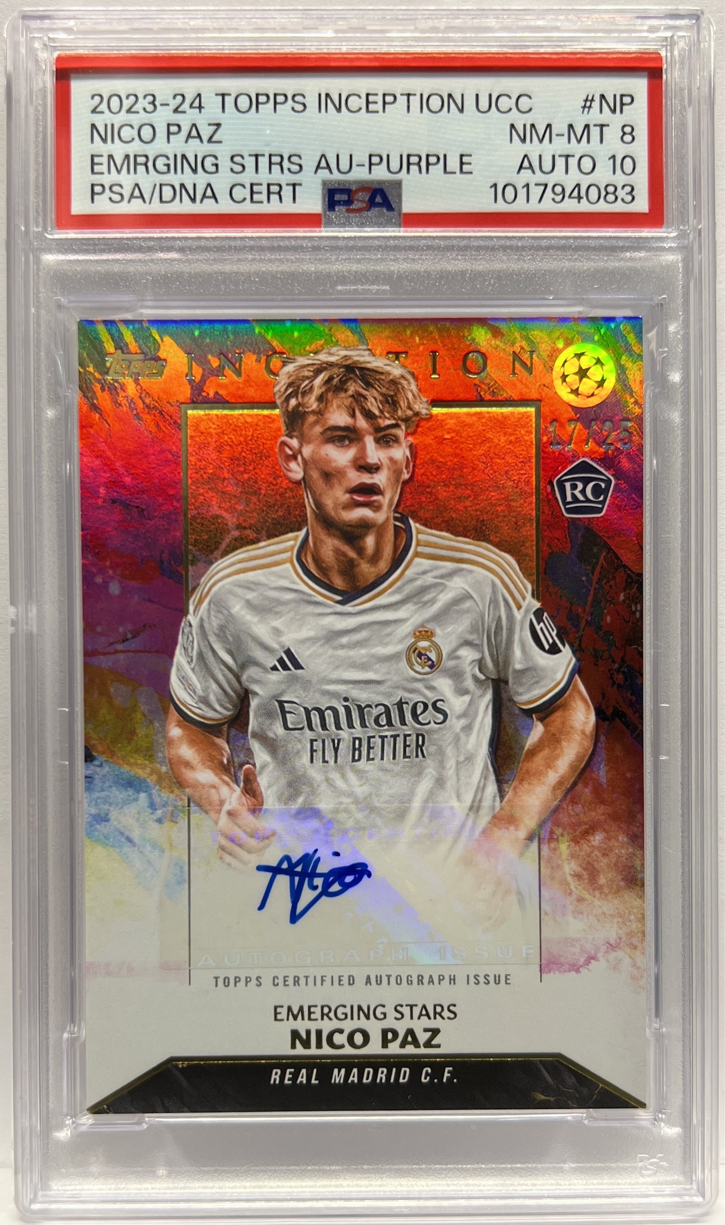 Nico Paz 17/25 Rookie Emerging Stars Purple Topps Inception 2023/24 PSA 8 Auto 10