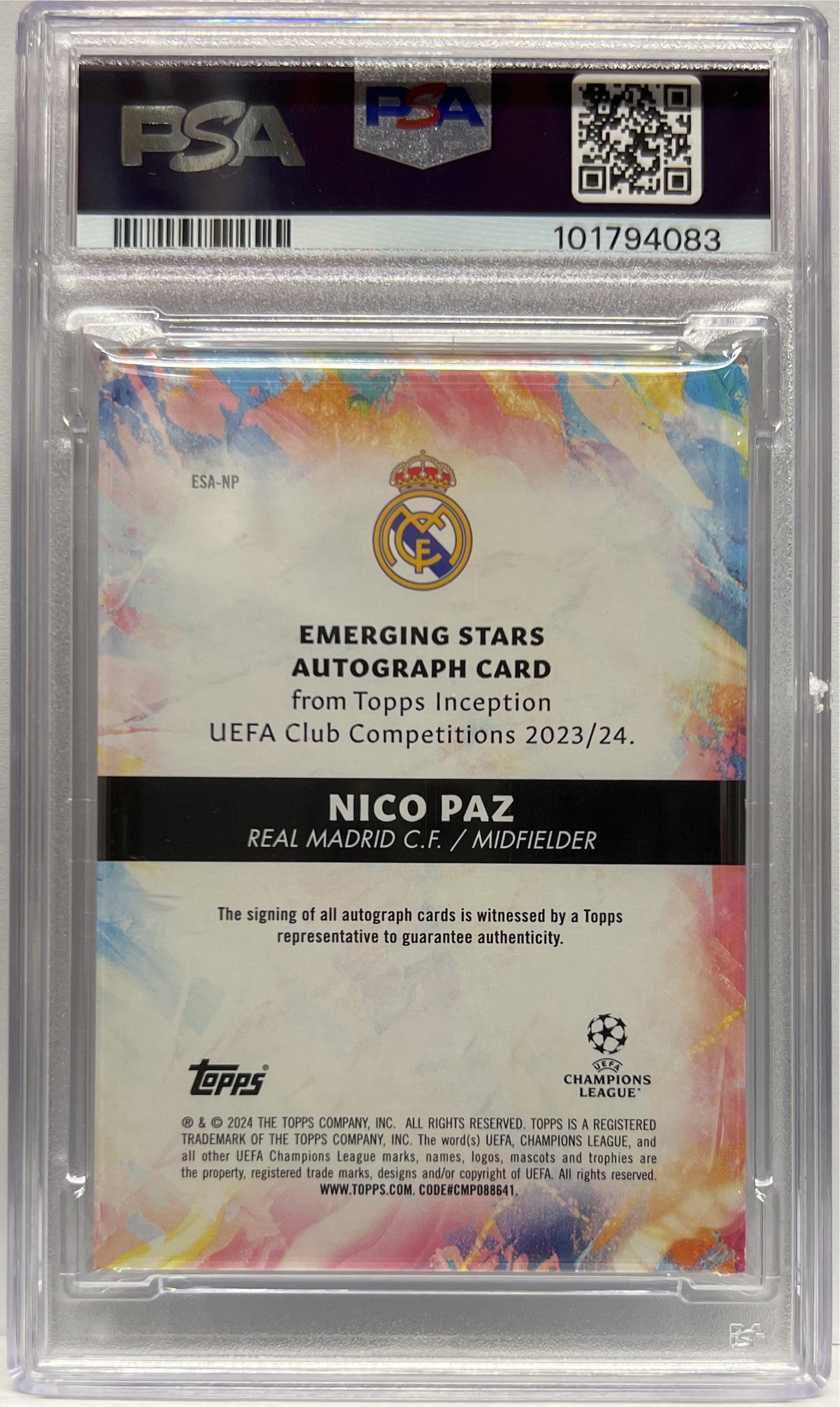 Nico Paz 17/25 Rookie Emerging Stars Purple Topps Inception 2023/24 PSA 8 Auto 10