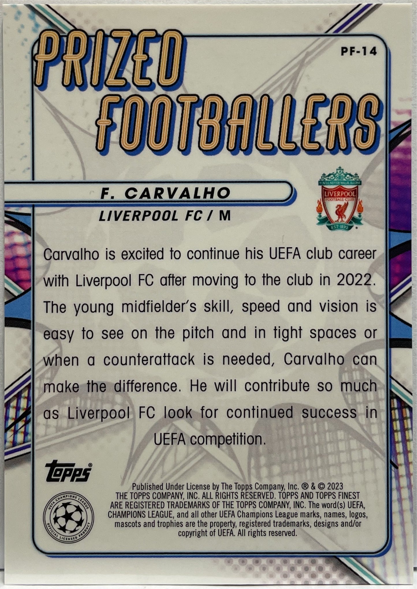 Fabio Carvalho 20/99 Rookie Prized Footballers Green Lava Topps Finest UCC 2022/23