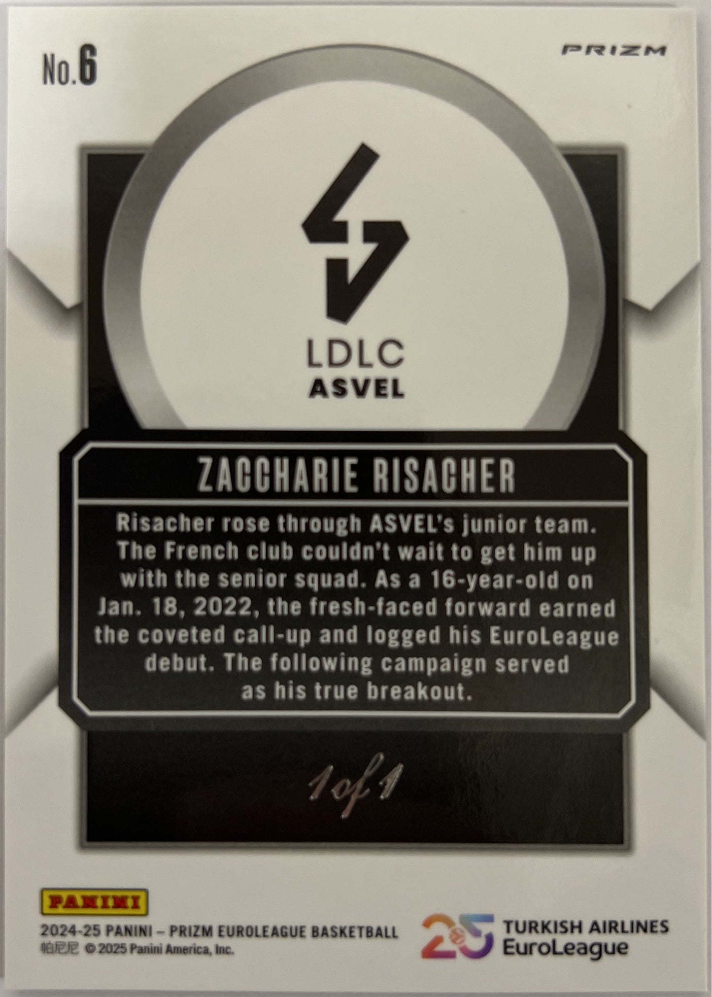 Zaccharie Risacher 1/1 Talismen Black Panini Prizm Euroleague Basketball 2024/25