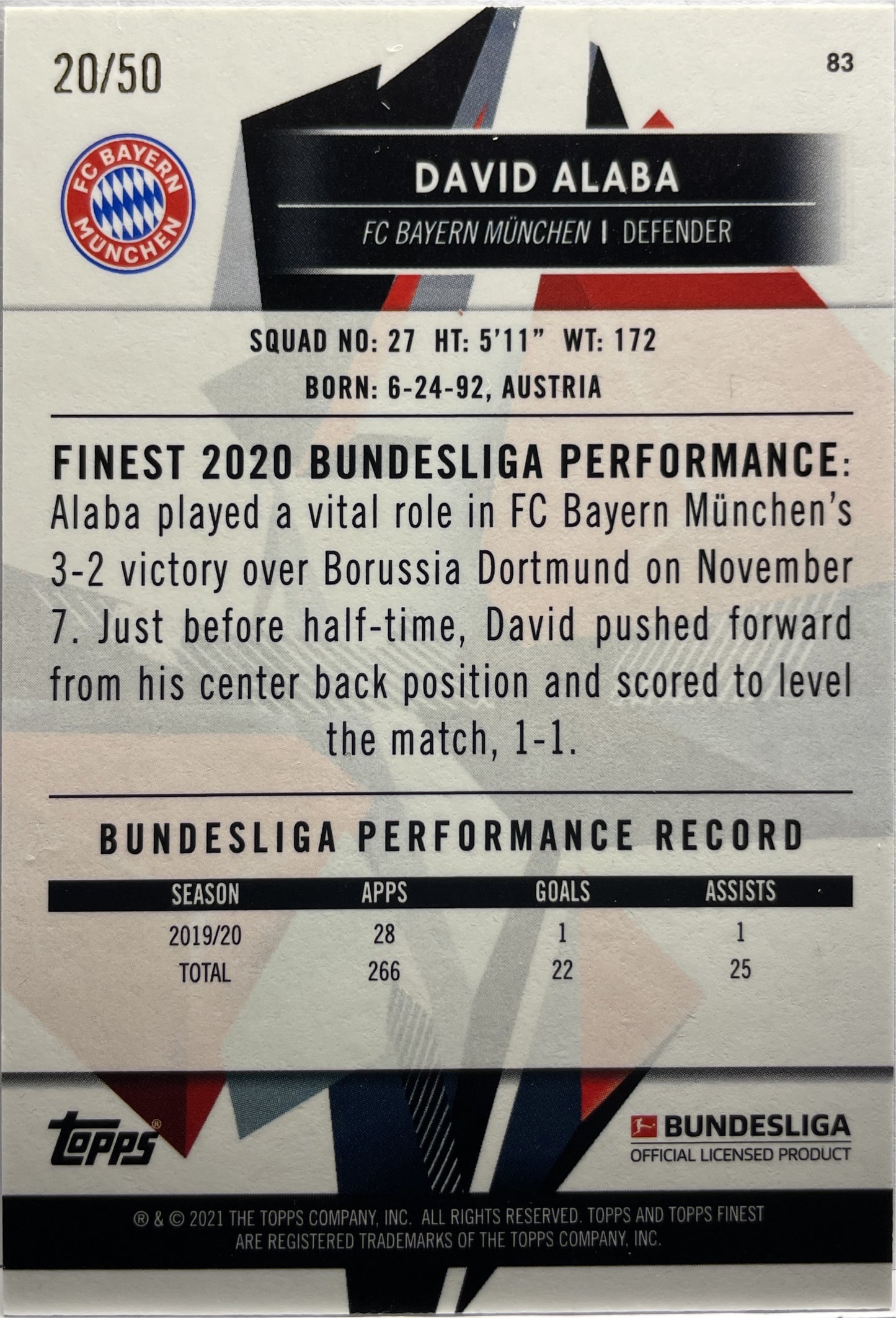 David Alaba 20/50 Gold Topps Finest Bundesliga 2020/21