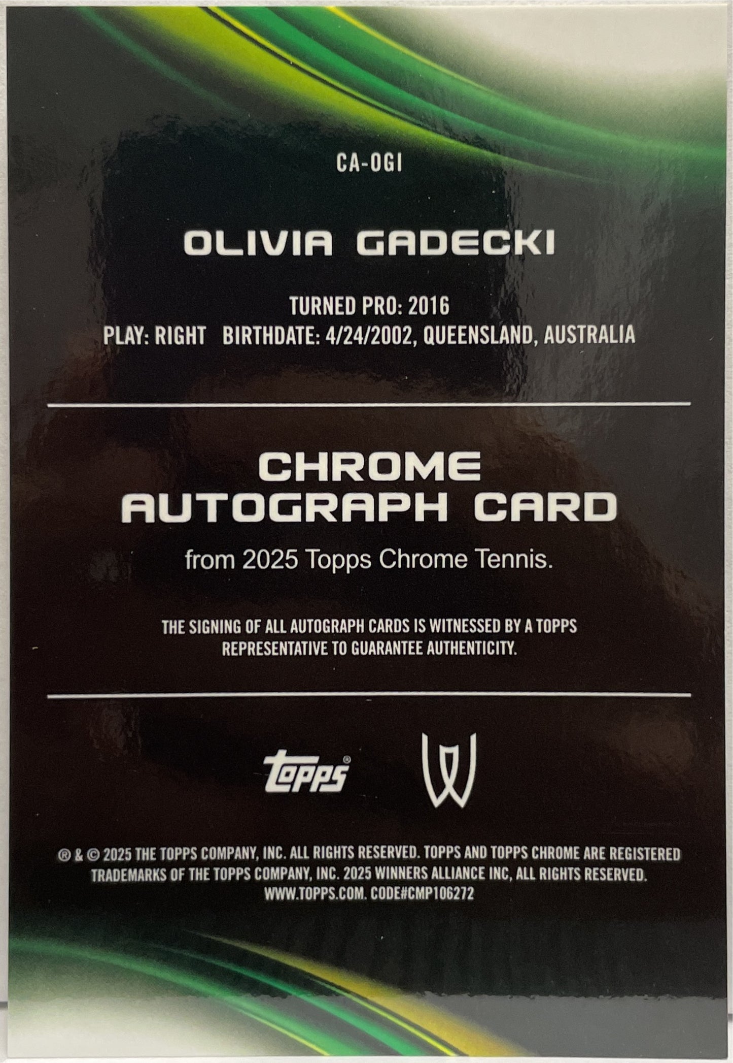 Olivia Gadecki Rookie Autograph Topps Chrome Tennis 2025