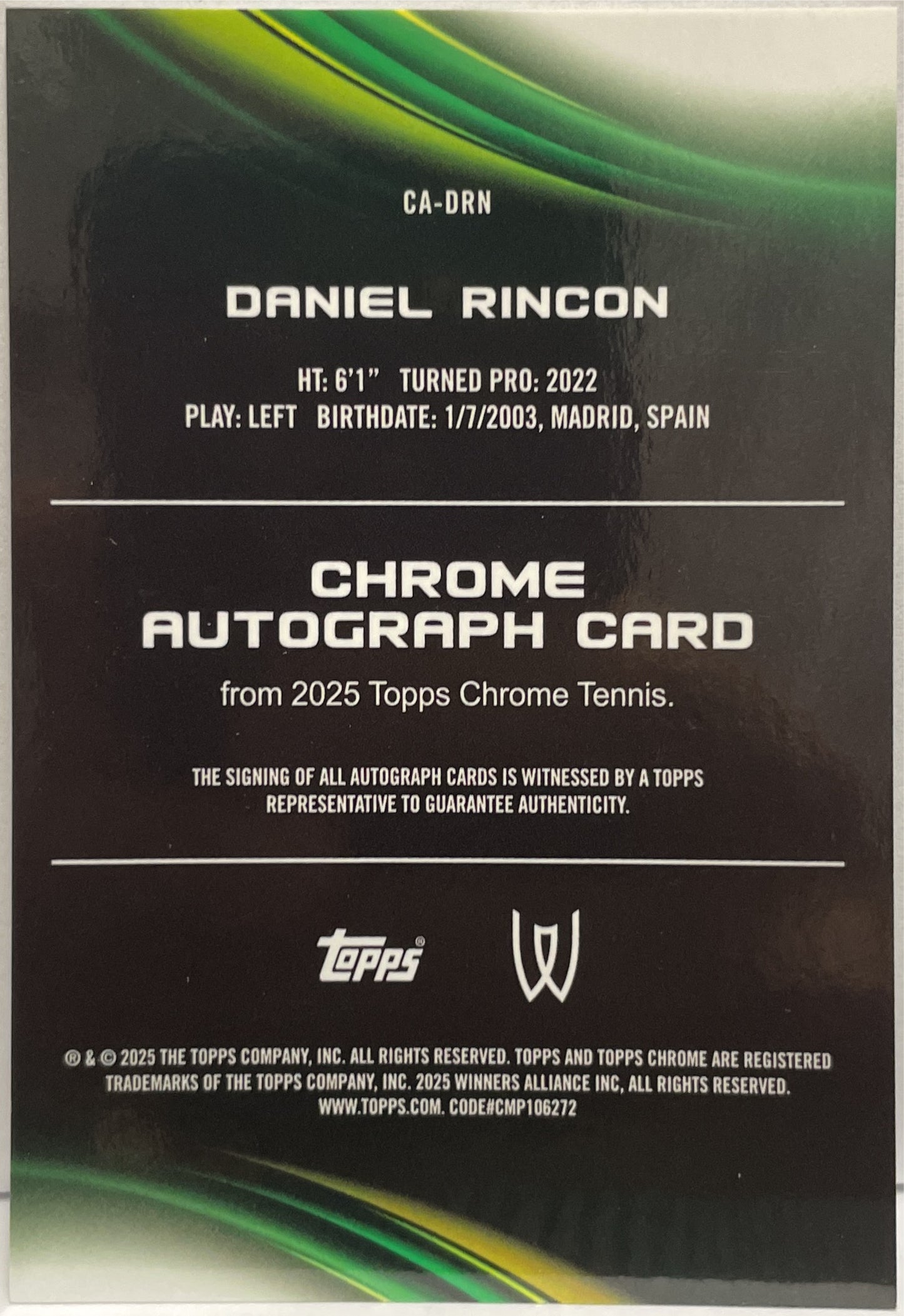 Daniel Rincon 35/150 Autograph Blue Topps Chrome Tennis 2025