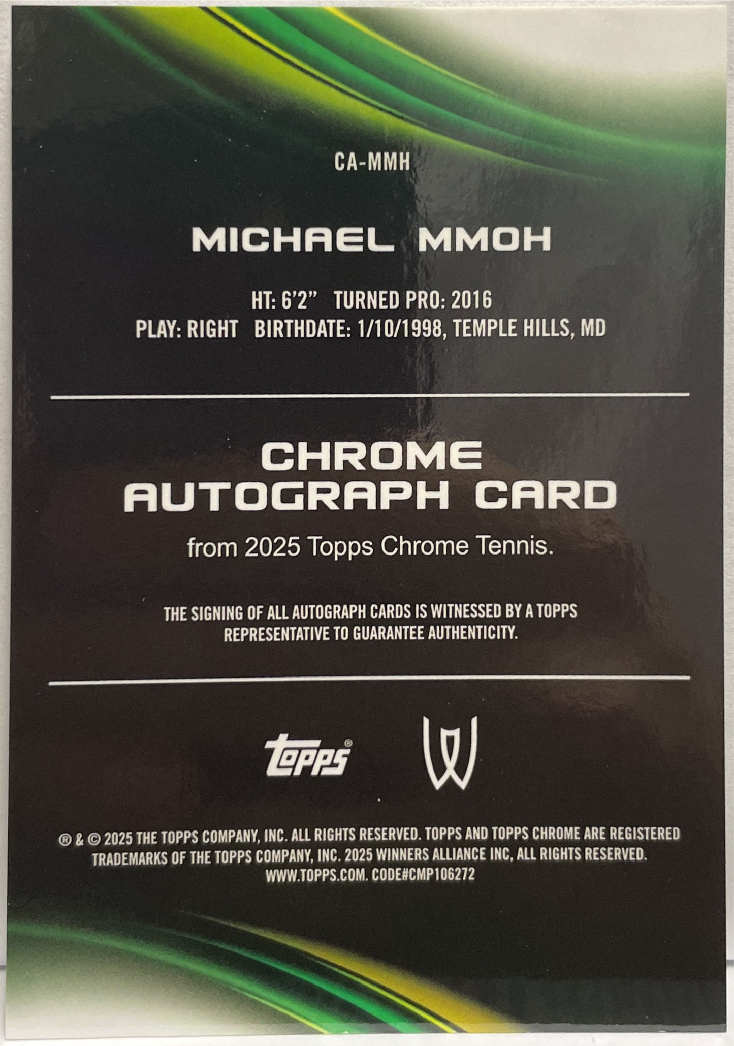 Michael Mmoh Autograph Topps Chrome Tennis 2025