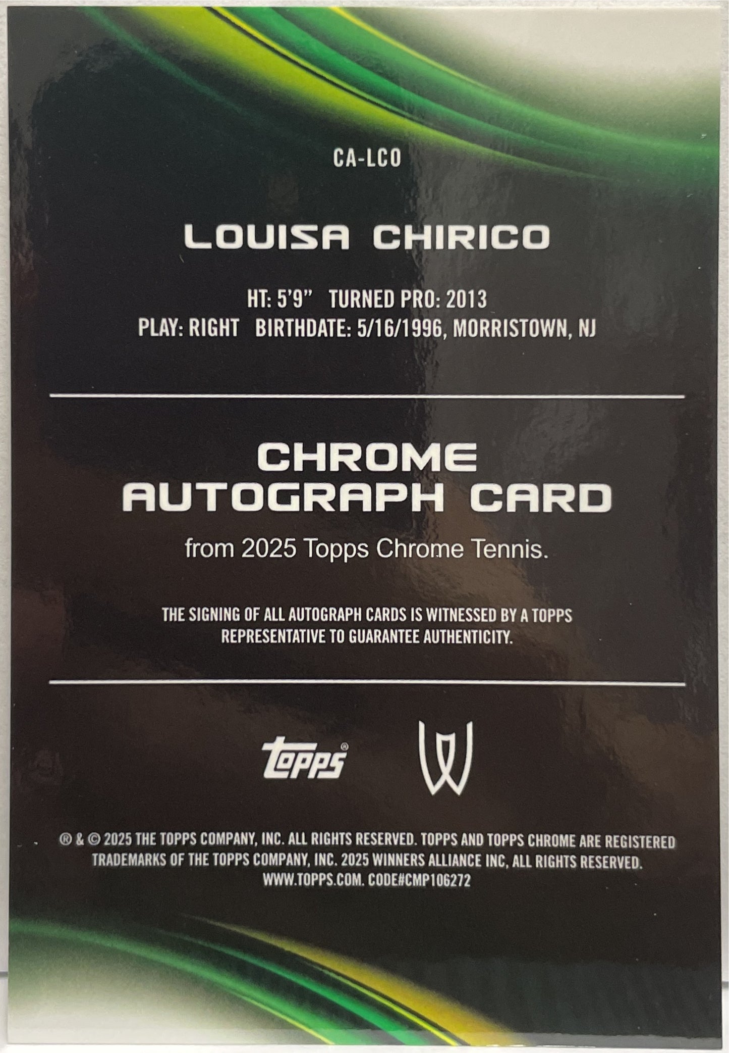 Louisa Chirico Autograph Topps Chrome Tennis 2025