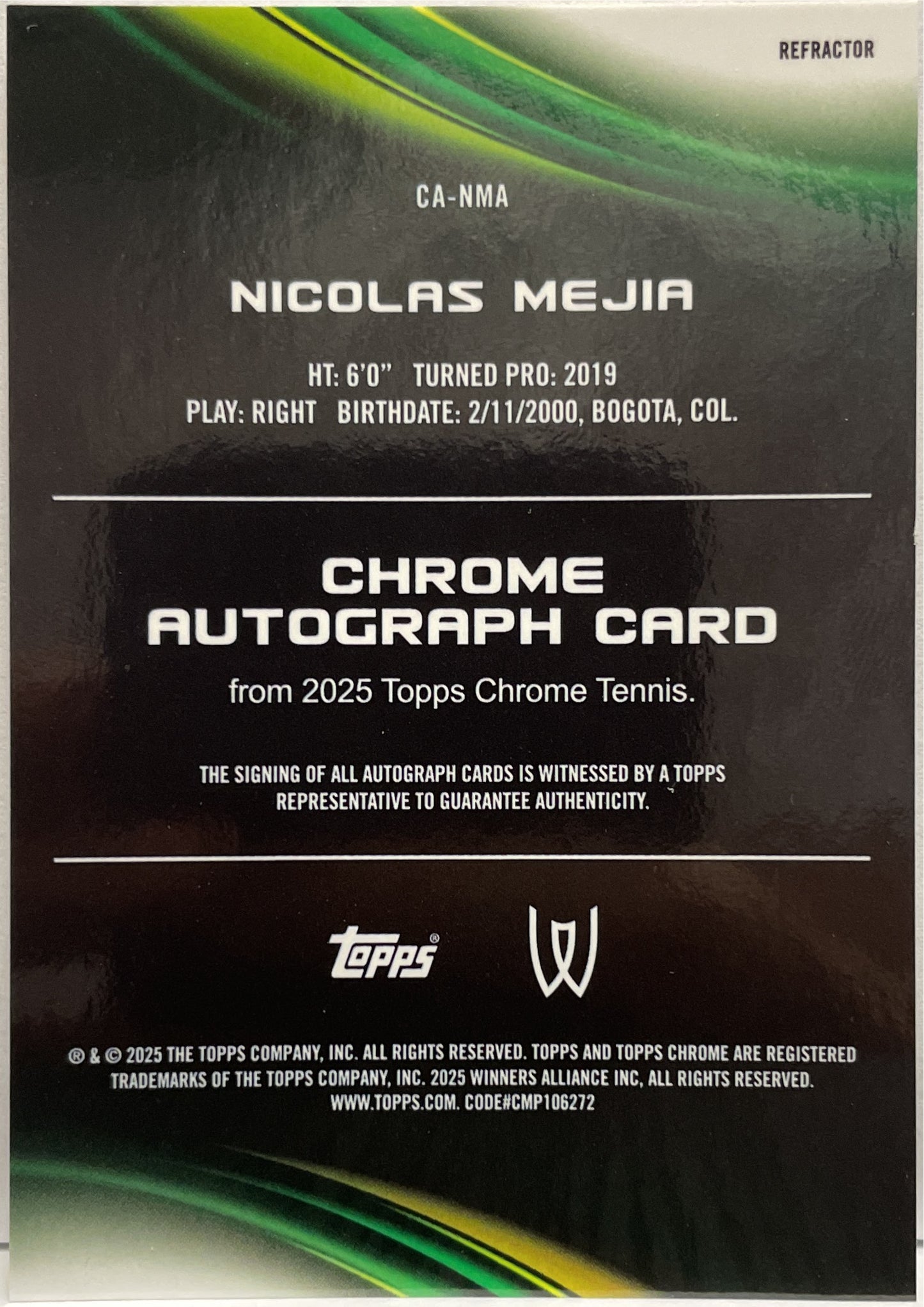 Nicolas Mejia Autograph Topps Chrome Tennis 2025