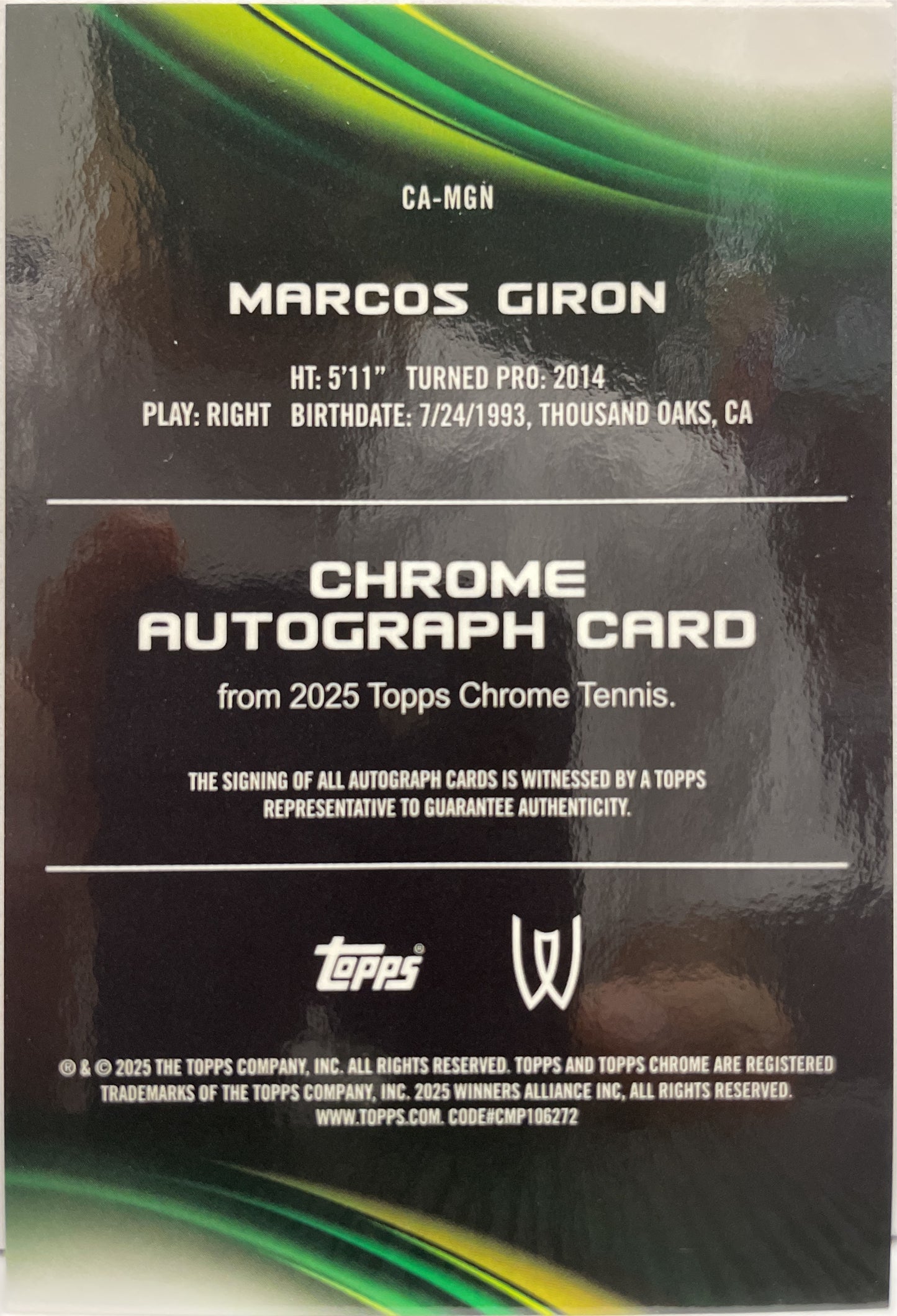 Marcos Giron Autograph Topps Chrome Tennis 2025